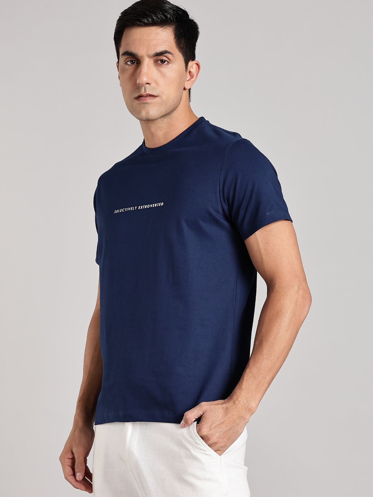 Solid Men's Premium Muscle Fit Cotton Crew T-Shirt Selectively Extroverted Novel Navy