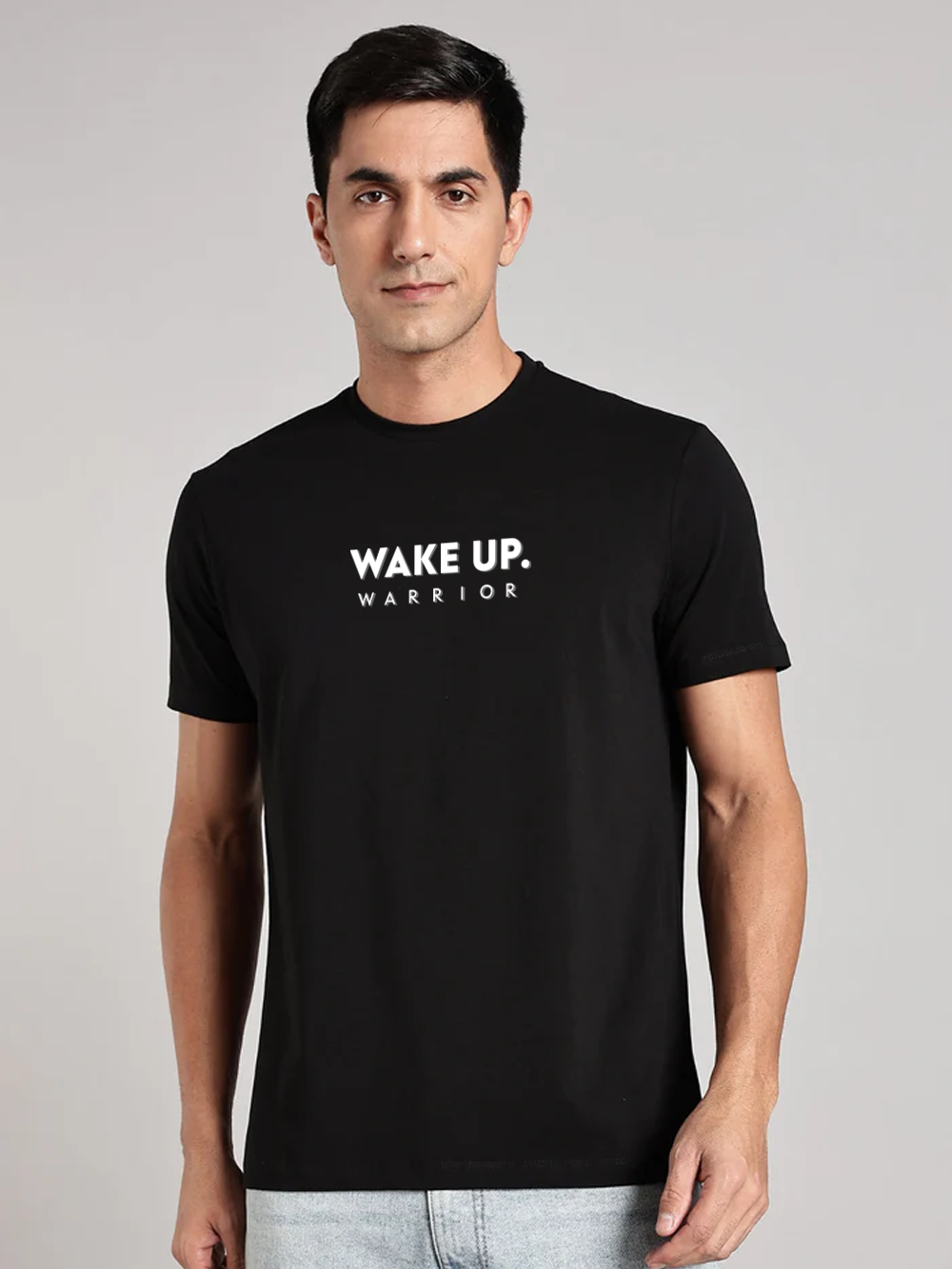 Solid Men's Premium Muscle Fit Cotton Crew T-shirt Wake Up Warrior Brave Black
