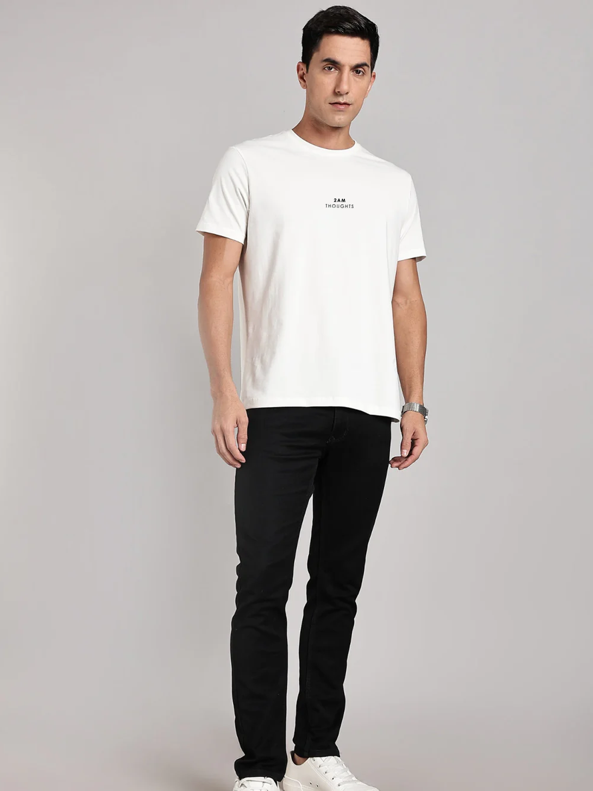 Solid Men's Premium Muscle Fit Cotton Crew T-shirt 2AM Thoughts Chalk White