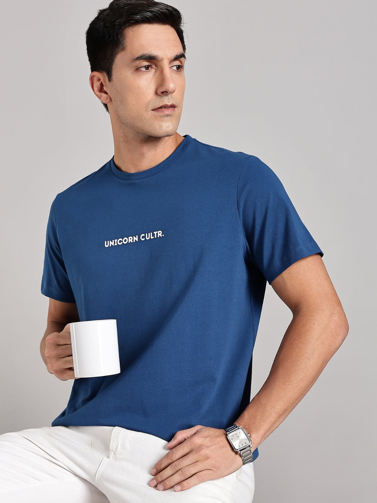White UC Signature Men's Premium Muscle Fit Cotton Crew T-shirt Airforce Blue