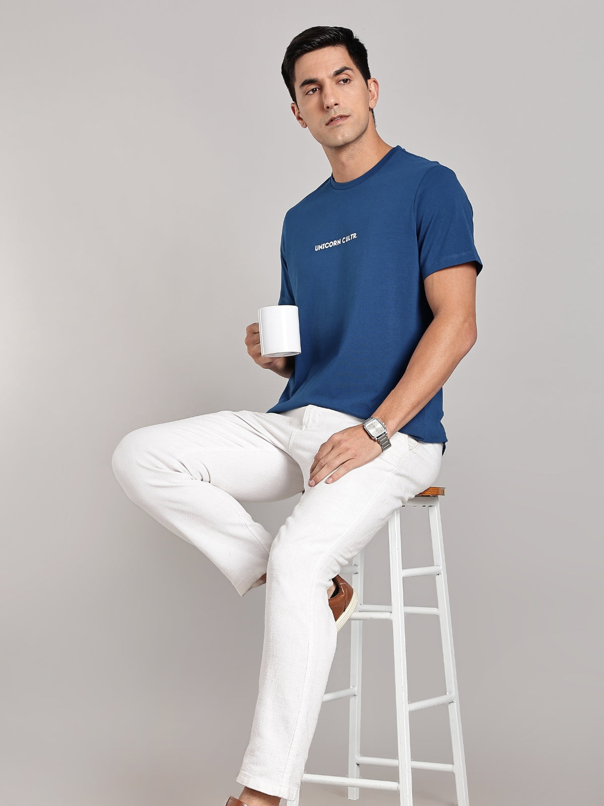 White UC Signature Men's Premium Muscle Fit Cotton Crew T-shirt Airforce Blue
