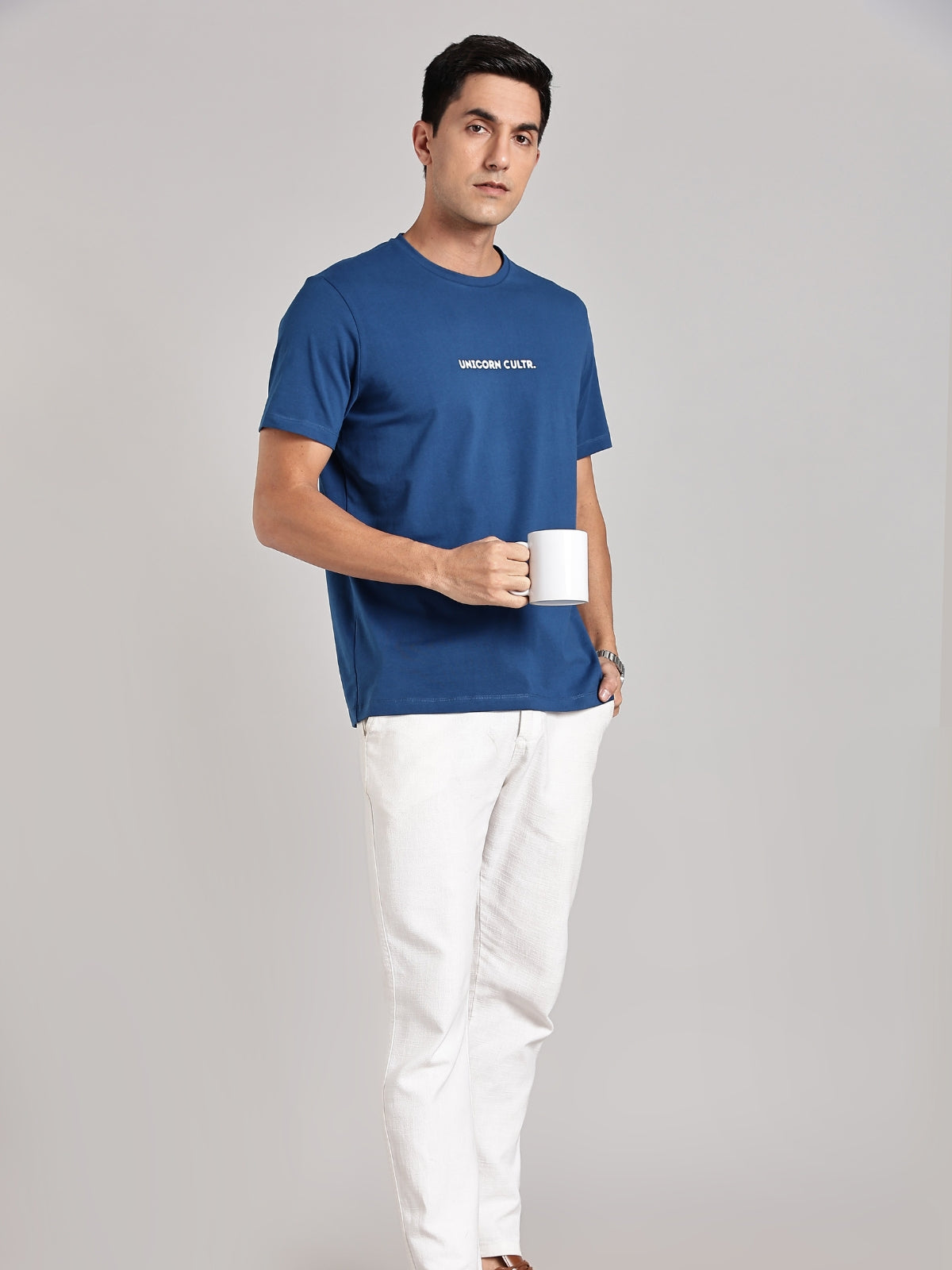 White UC Signature Men's Premium Muscle Fit Cotton Crew T-shirt Airforce Blue