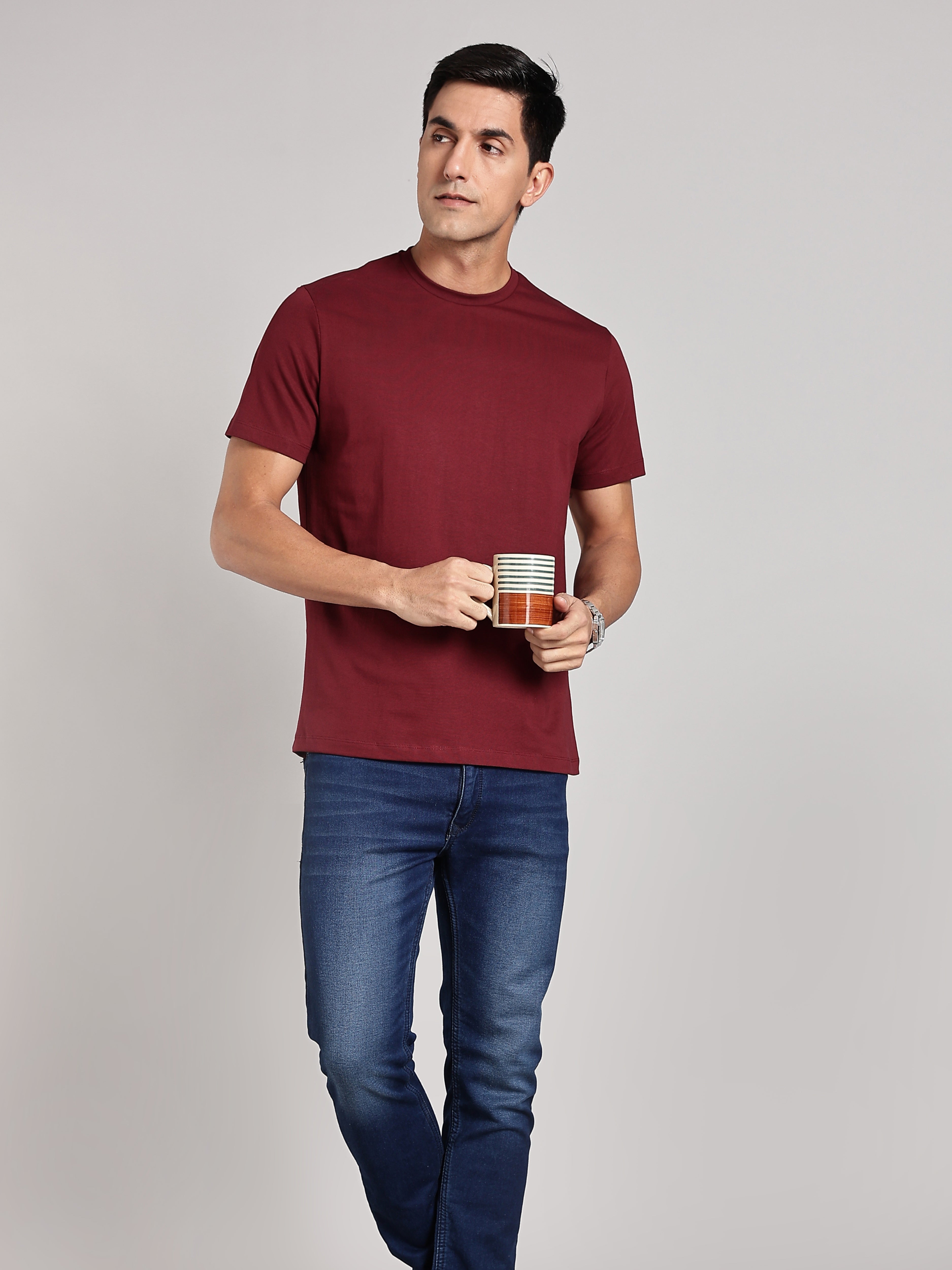 Solid Men's Soft Premium 100% Cotton Crew T-Shirt Geometrical Cheeta Mission Maroon