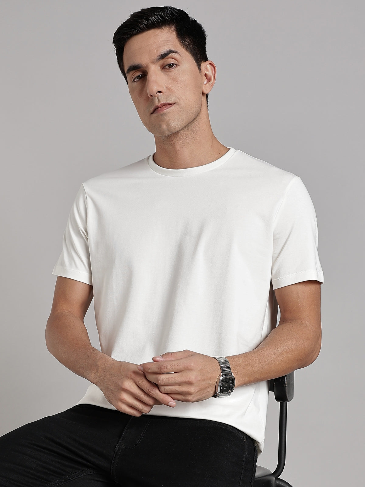 Solid Men's Premium Muscle Fit Cotton Crew T-Shirt Chalk White