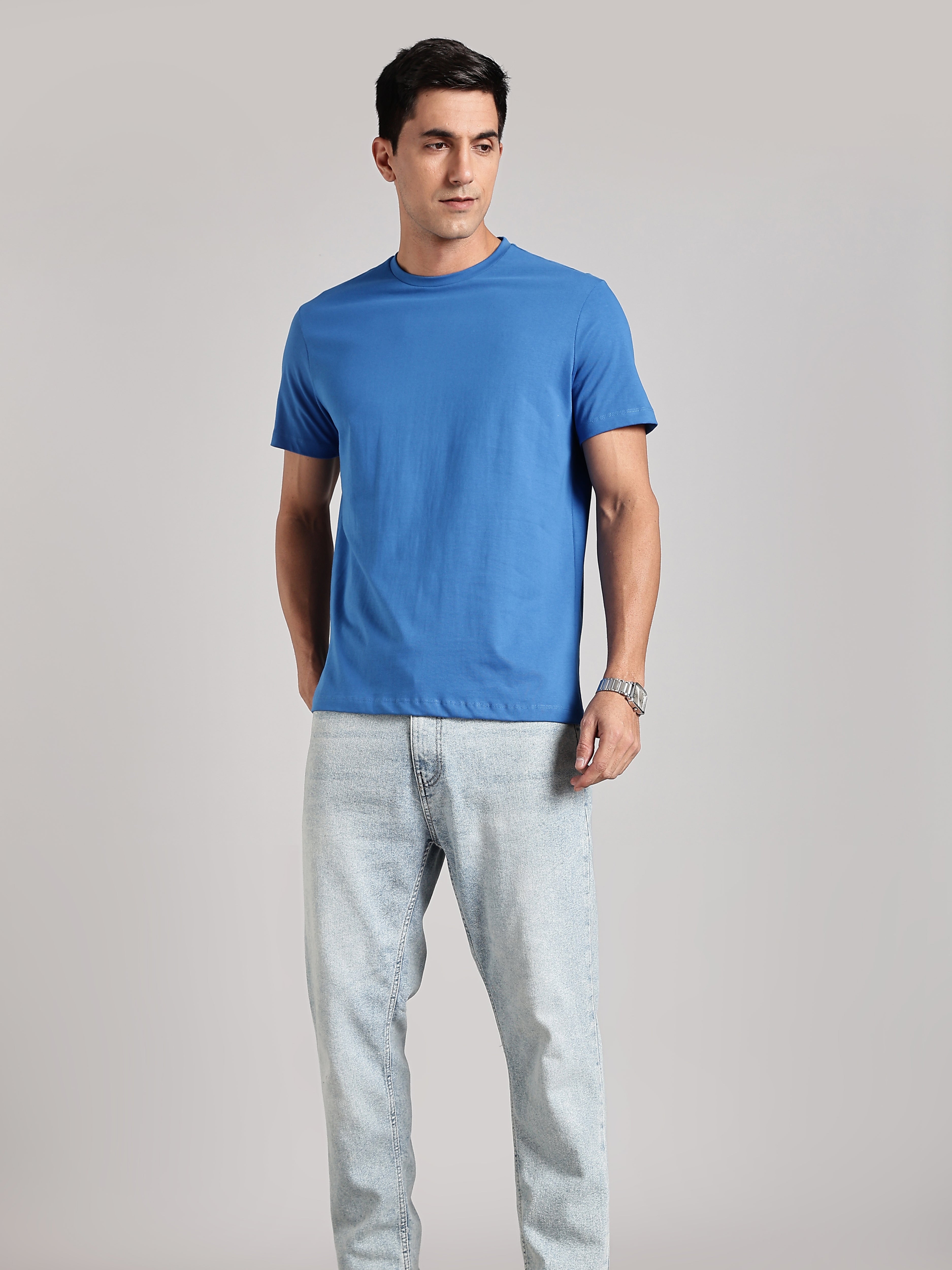 Solid Men's Soft Premium 100% Cotton Crew T-Shirt Geometrical Cheeta Ready Royal Blue