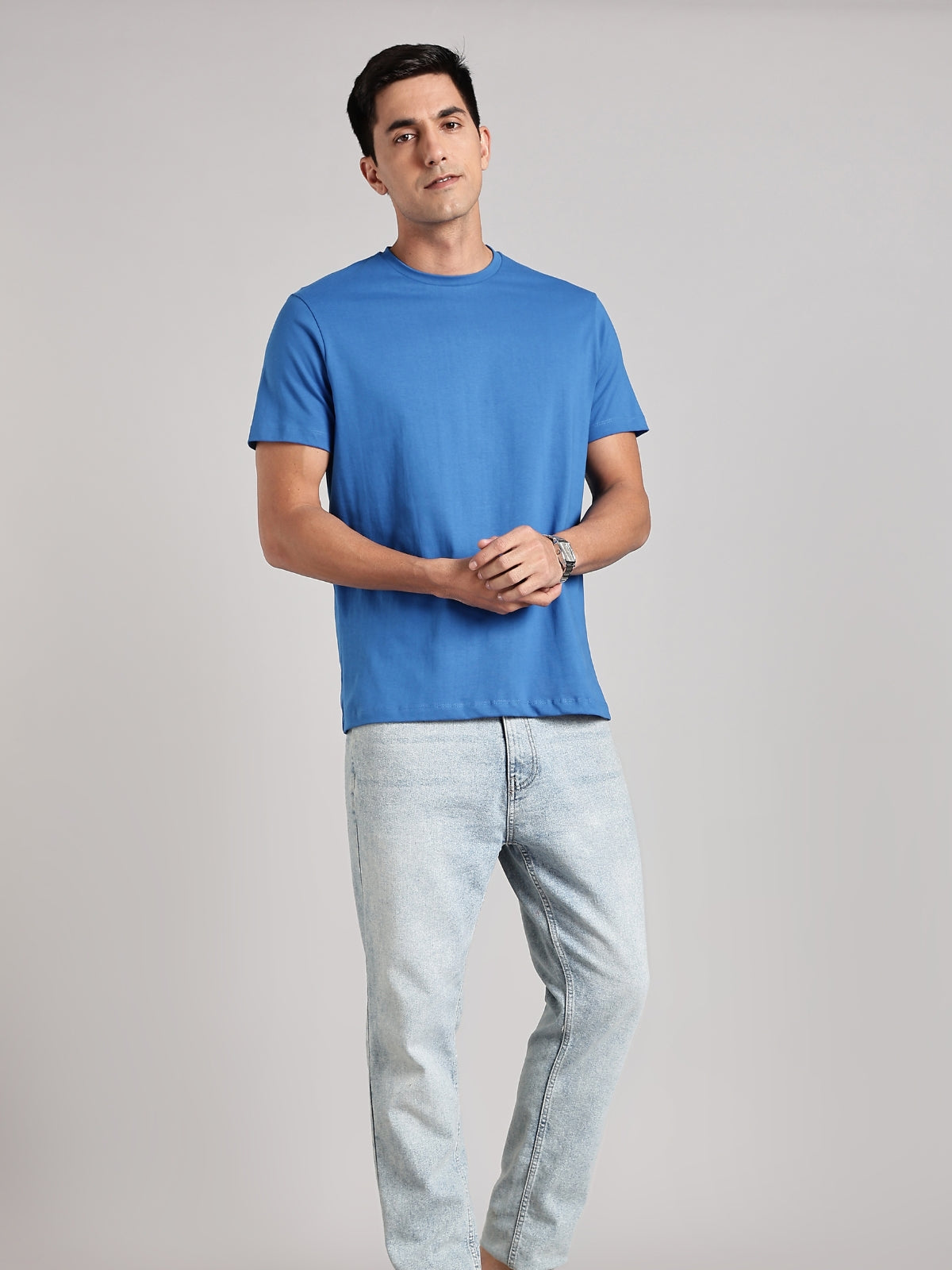 Solid Men's Soft Premium 100% Cotton Crew T-Shirt Addicted To Black Ready Royal Blue