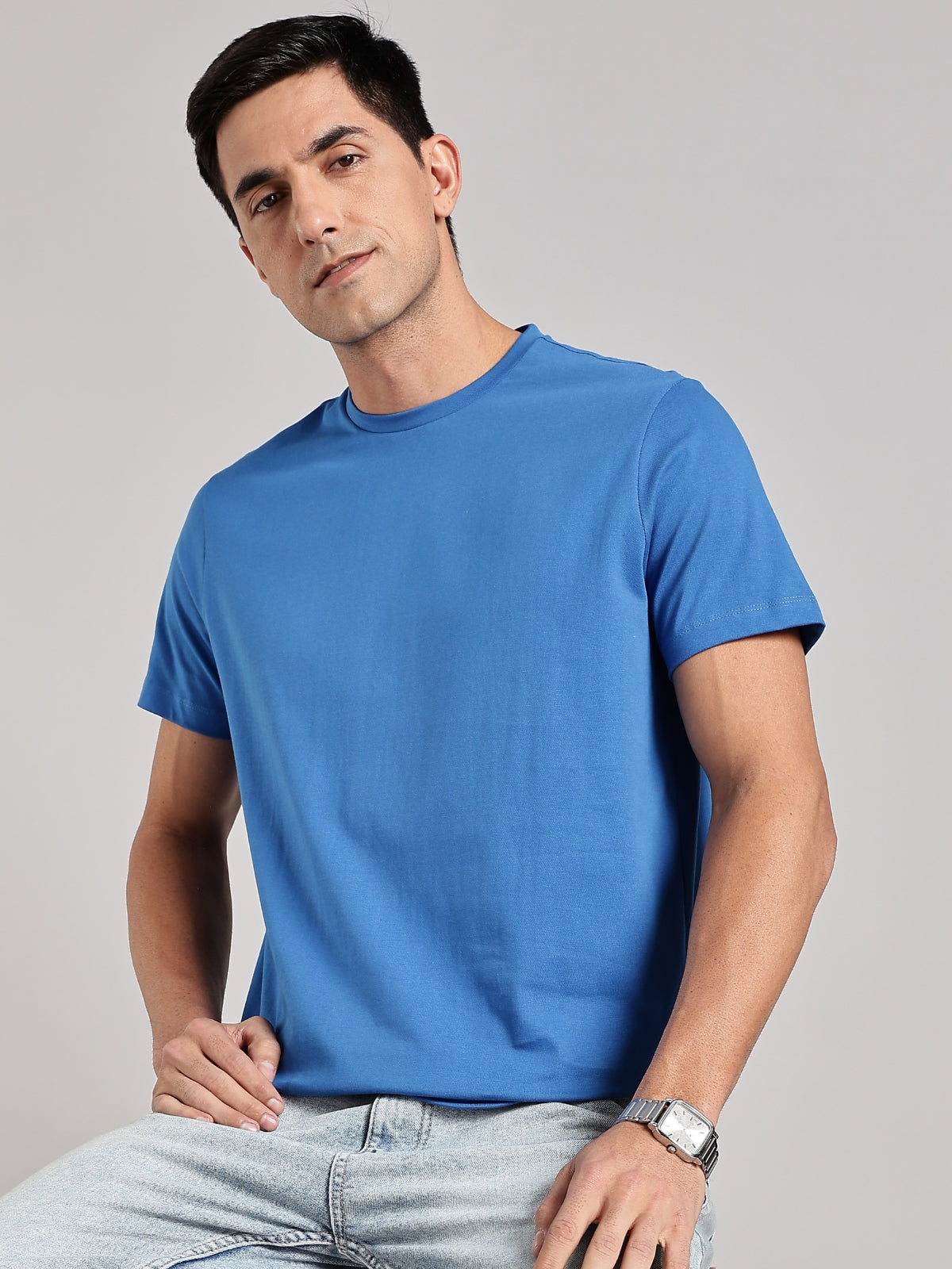 Solid Men's Soft Premium 100% Cotton Crew T-Shirt Addicted To Black Ready Royal Blue