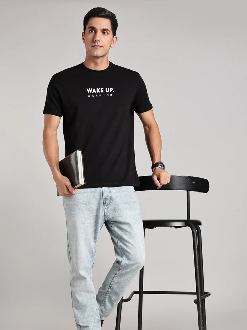 Solid Men's Premium Muscle Fit Cotton Crew T-shirt Wake Up Warrior Brave Black