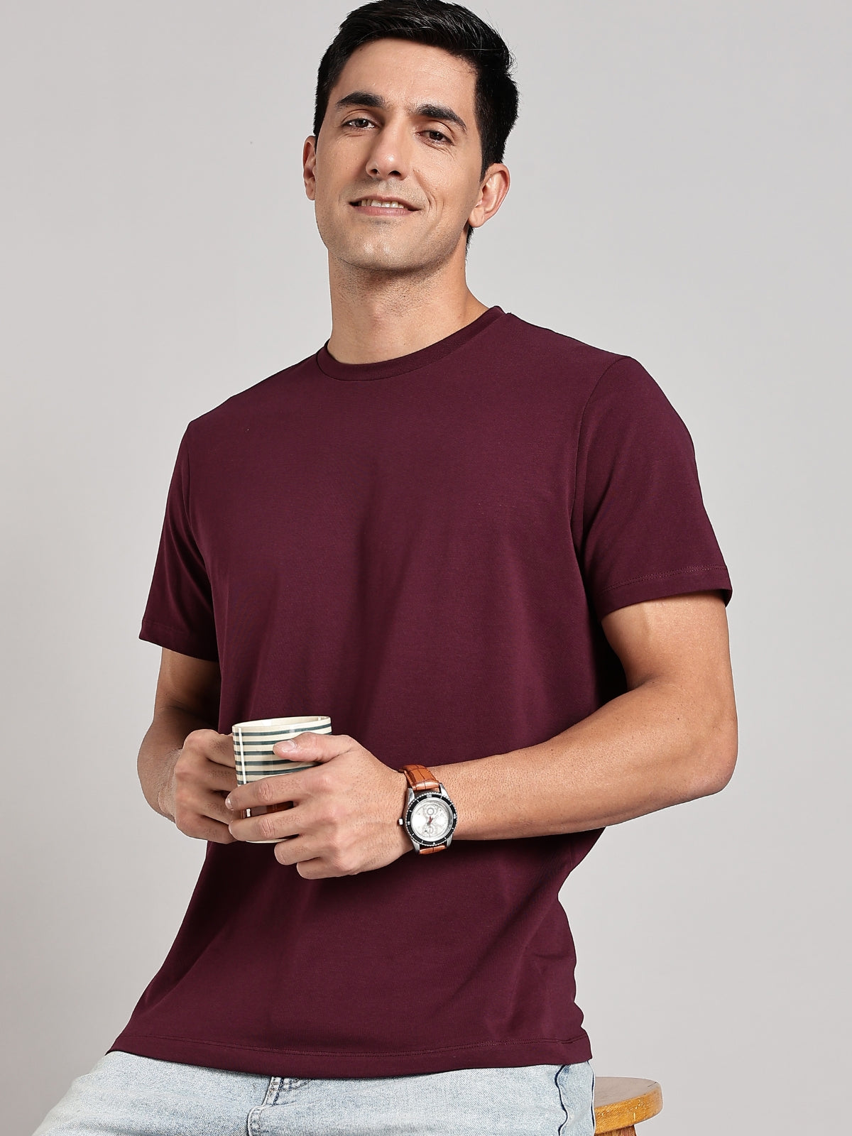Solid Men's Premium Muscle Fit Cotton Crew T-shirt K Workday Wine