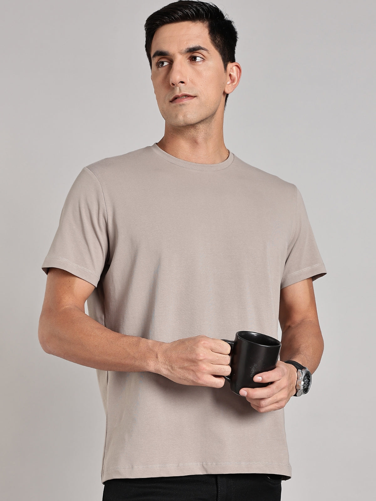 Solid Men's Soft Premium 100% Cotton Crew T-Shirt Smoke Melange