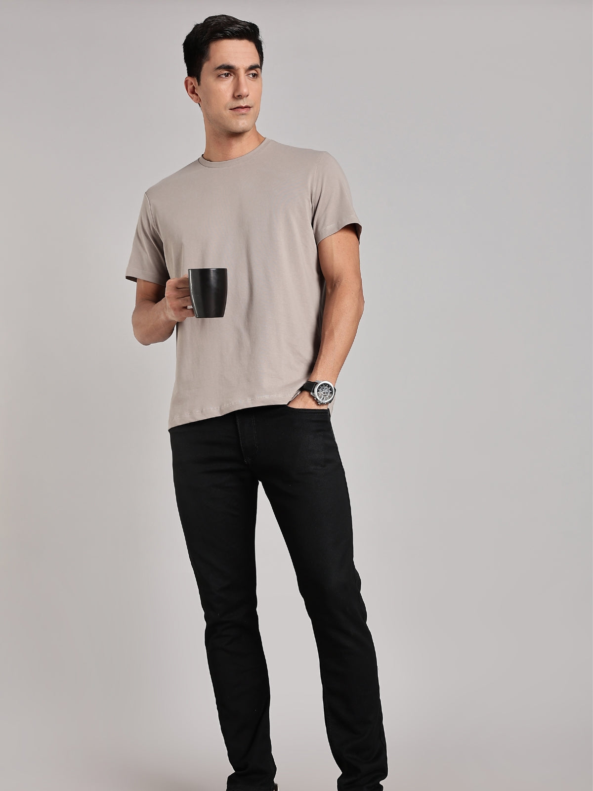 Solid Men's Soft Premium 100% Cotton Crew T-Shirt Smoke Melange