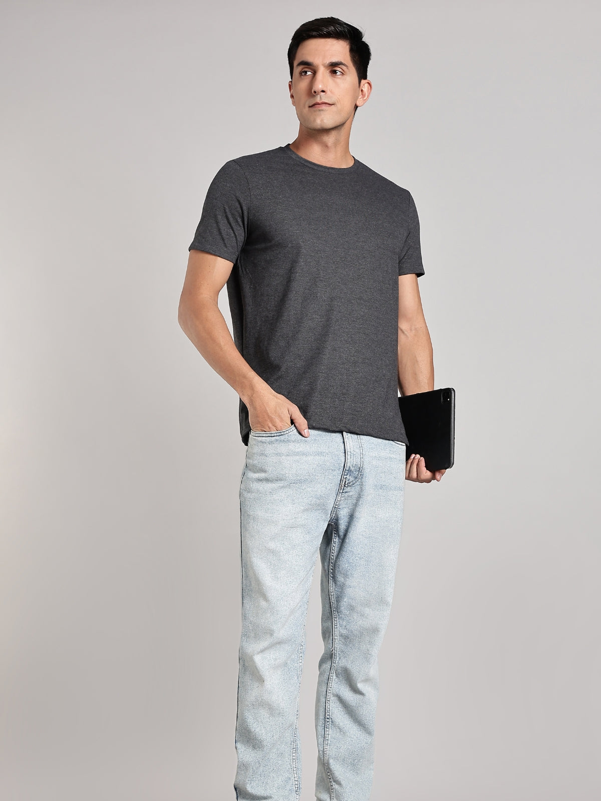 Solid Men's Soft Premium 100% Cotton Crew T-Shirt Addicted To Black Greasy Grey