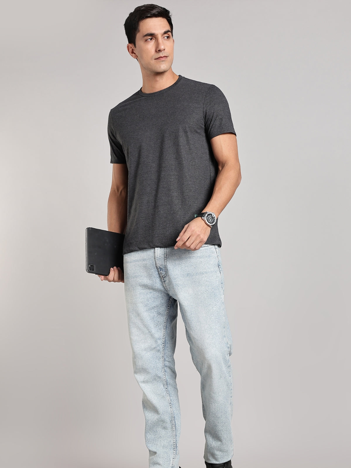 Solid Men's Soft Premium 100% Cotton Crew T-Shirt Rule Greasy Grey