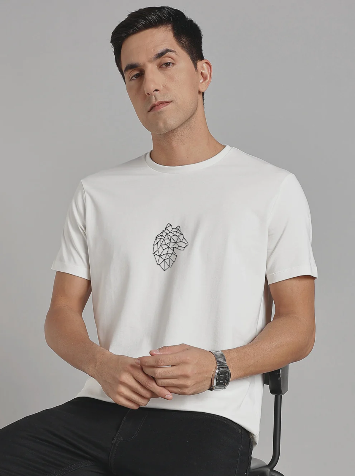 Solid Men's Soft Premium 100% Cotton Crew T-Shirt Geometrical Cheeta Whiteboard White