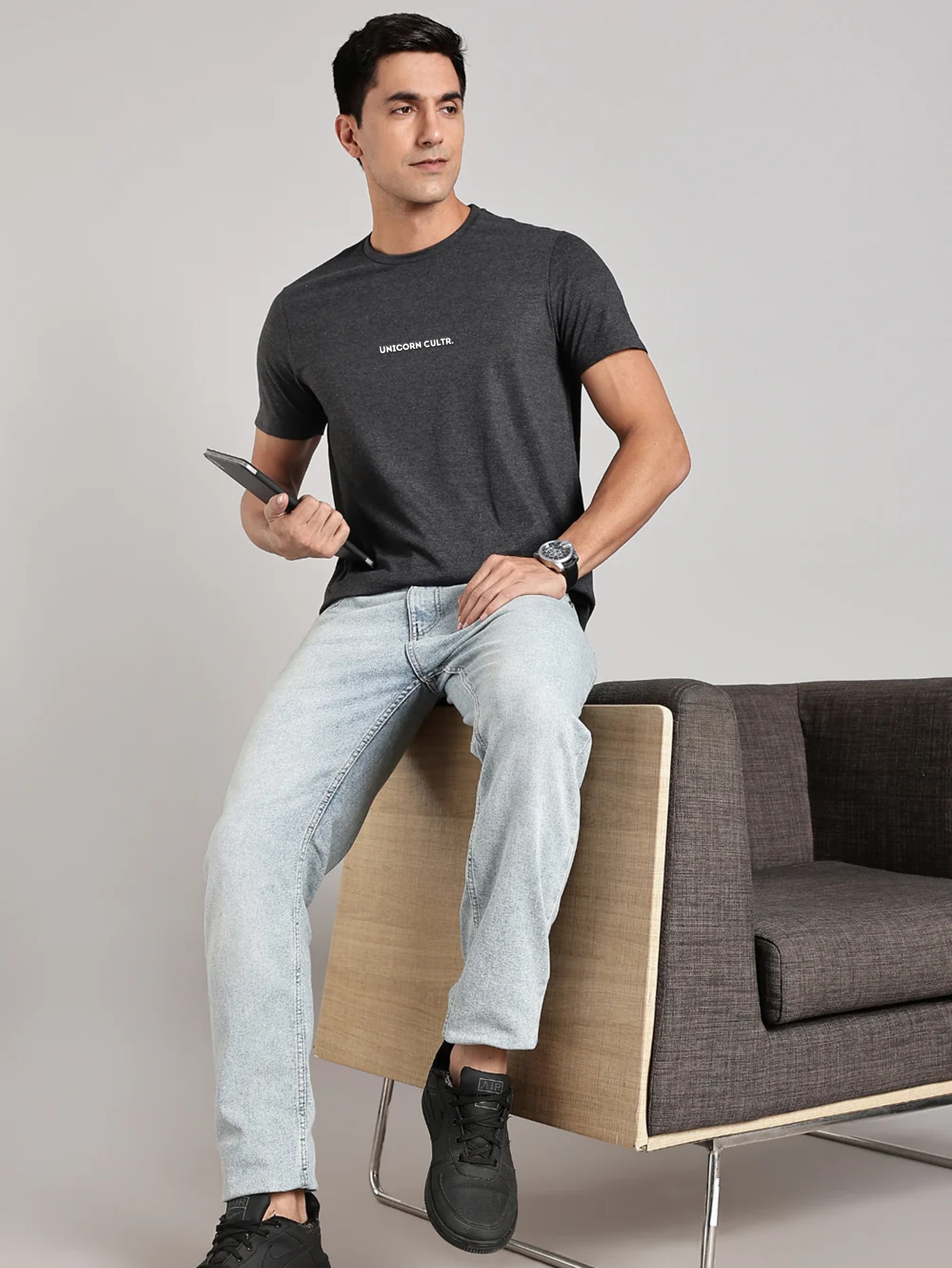 White UC Signature Men's Soft Premium 100% Cotton Crew T-Shirt Greasy Grey