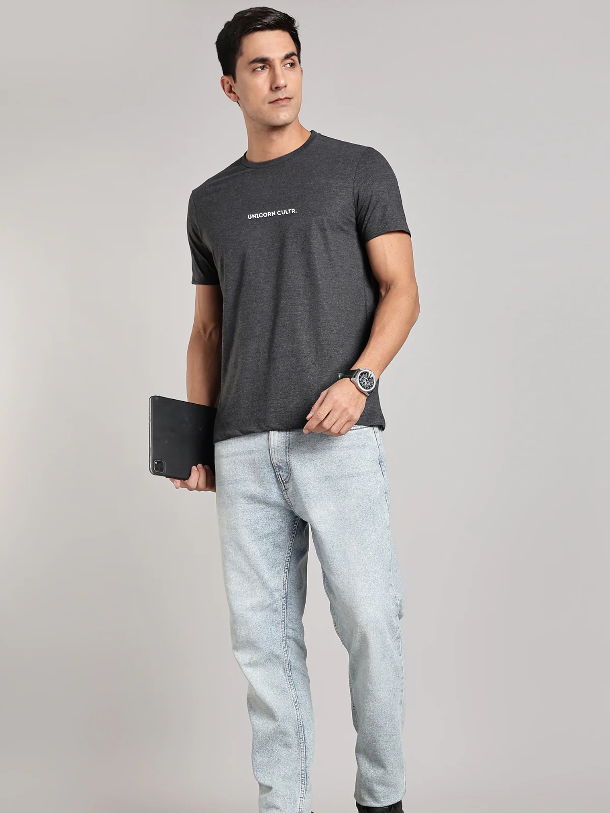 White UC Signature Men's Soft Premium 100% Cotton Crew T-Shirt Greasy Grey