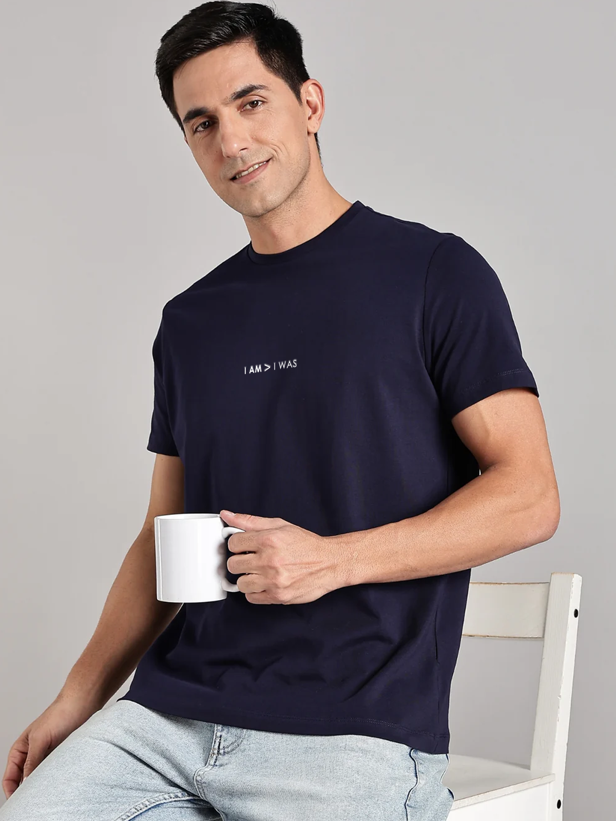 Solid Men's Premium Muscle Fit Cotton Crew T-Shirt I Am > I Was Novel Navy