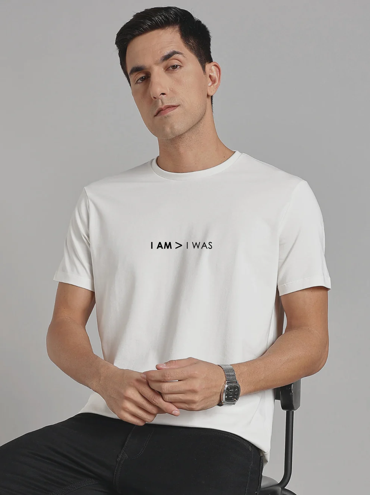 Solid Men's Premium Muscle Fit Cotton Crew T-Shirt I Am > I Was Chalk White