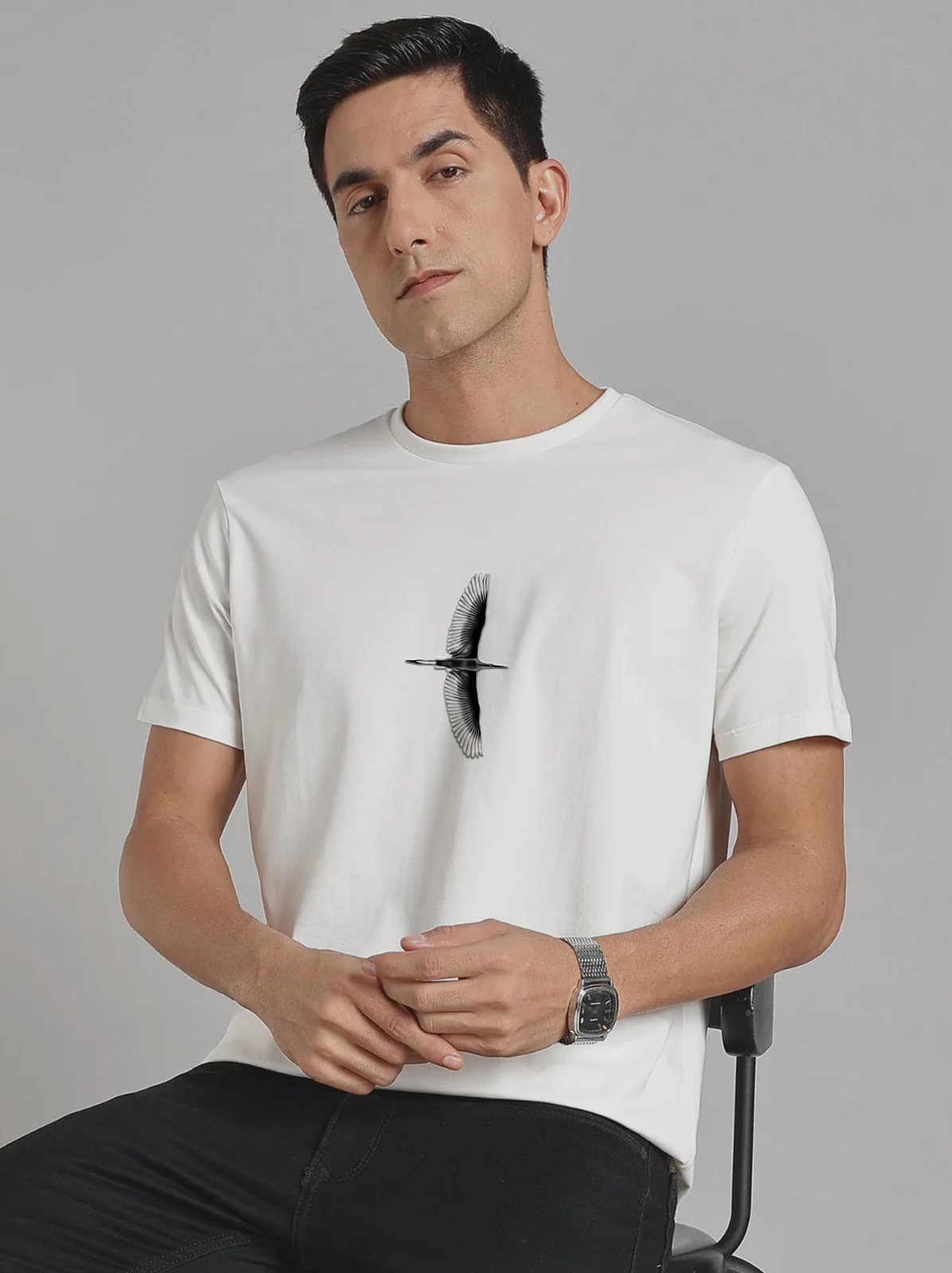 Solid Men's Soft Premium 100% Cotton Crew T-Shirt Mini Eagle Whiteboard White