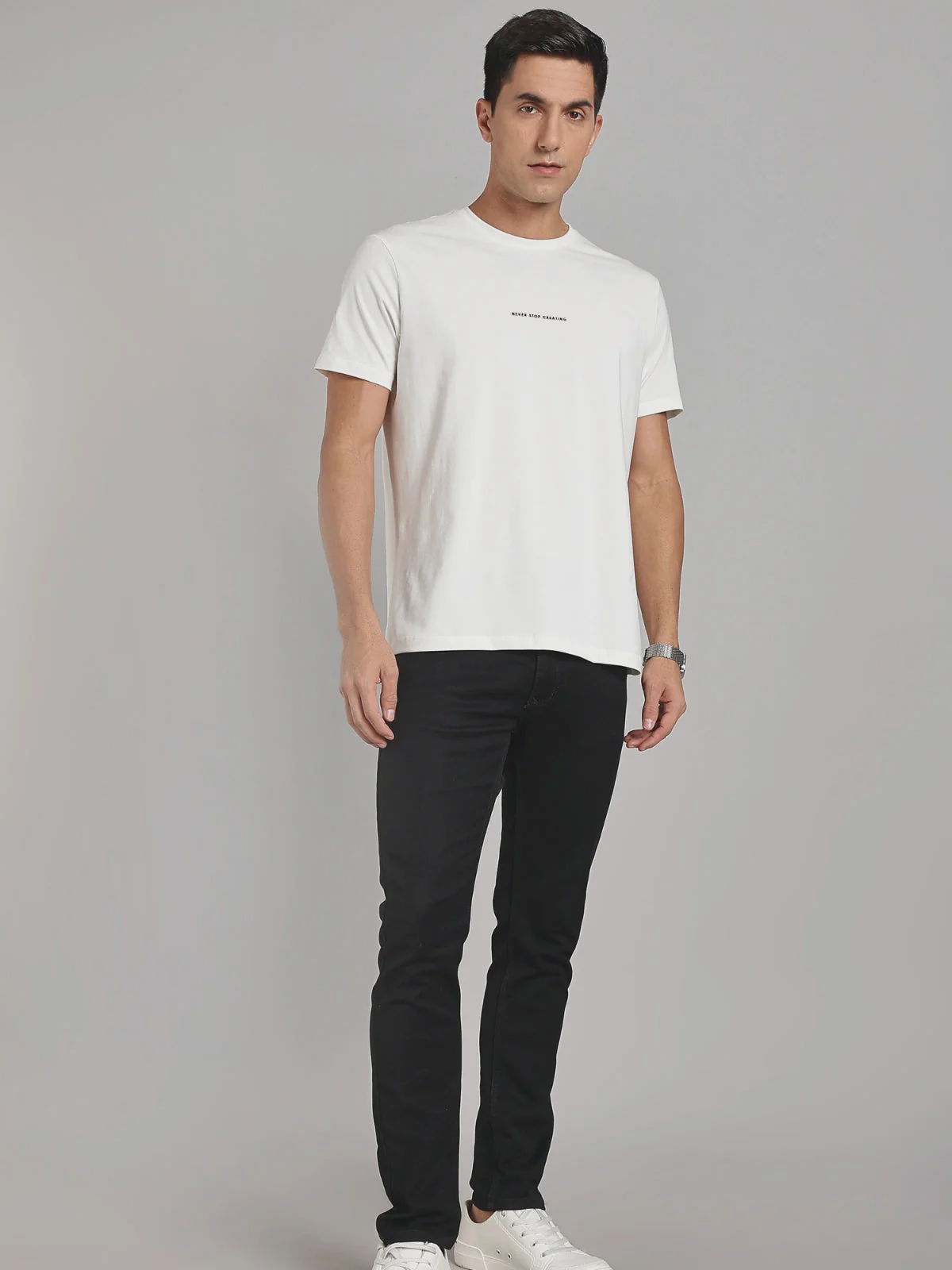 Solid Men's Premium Muscle Fit Cotton Crew T-Shirt Never Stop Creating Chalk White