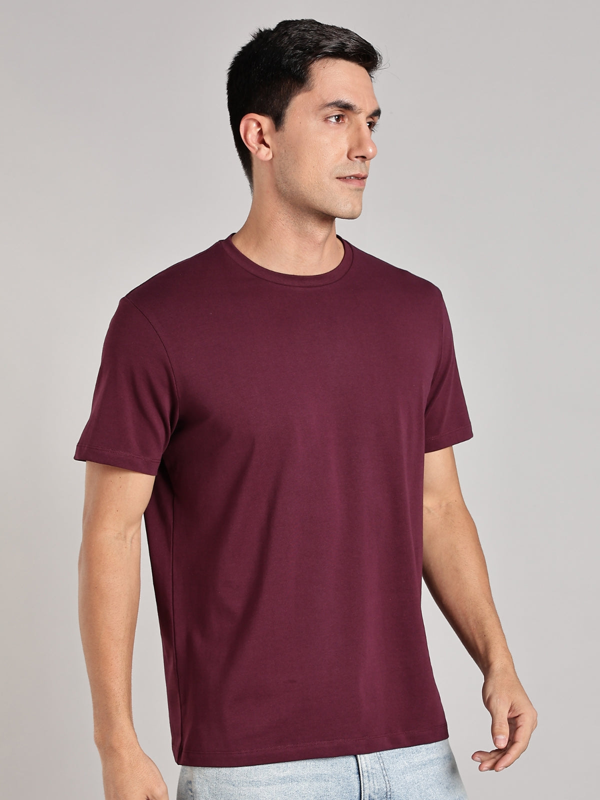 Solid Men's Premium Muscle Fit Cotton Crew T-Shirt Minimal Workday Wine
