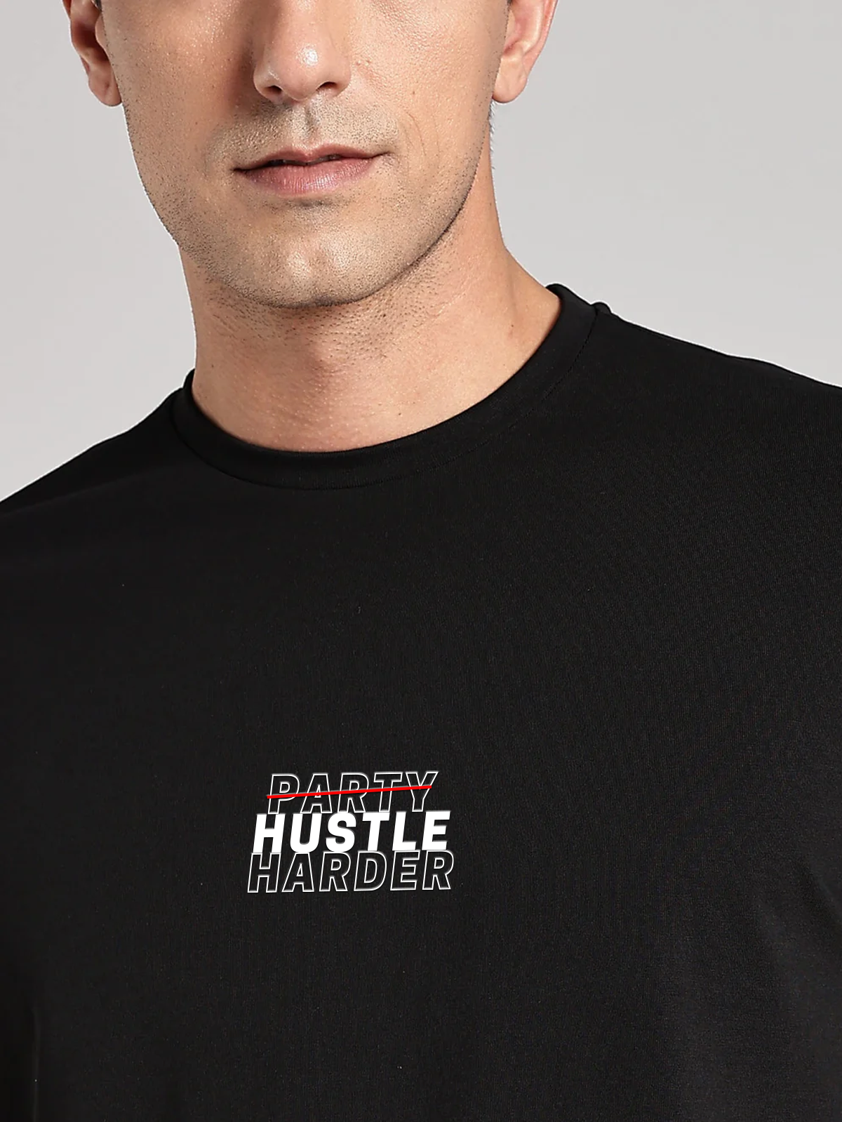 Solid Men's Soft Premium 100% Cotton Crew T-Shirt Party Hustle Harder Brave Black