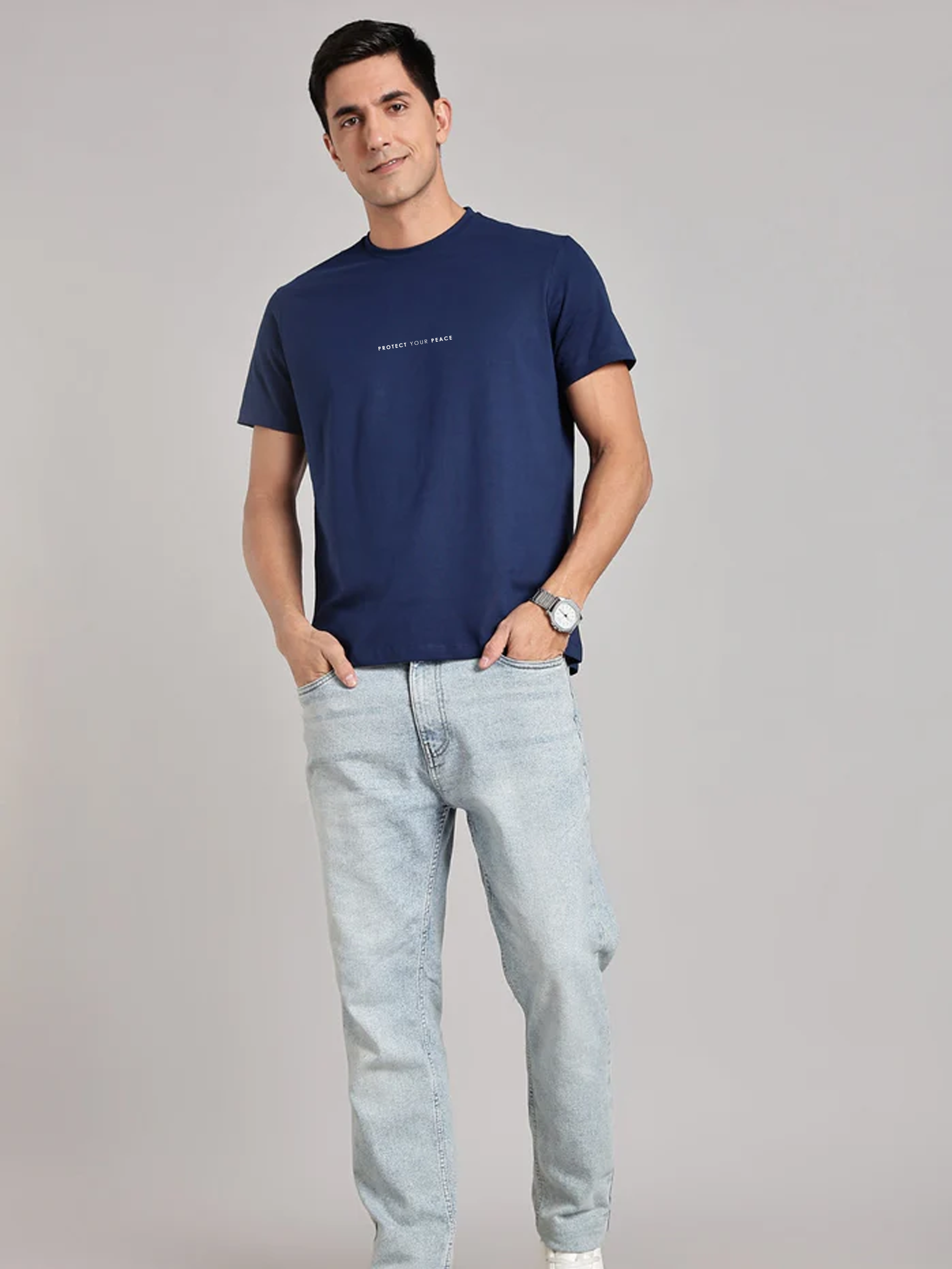 Solid Men's Premium Muscle Fit Cotton Crew T-shirt Protect your peace Novel Navy
