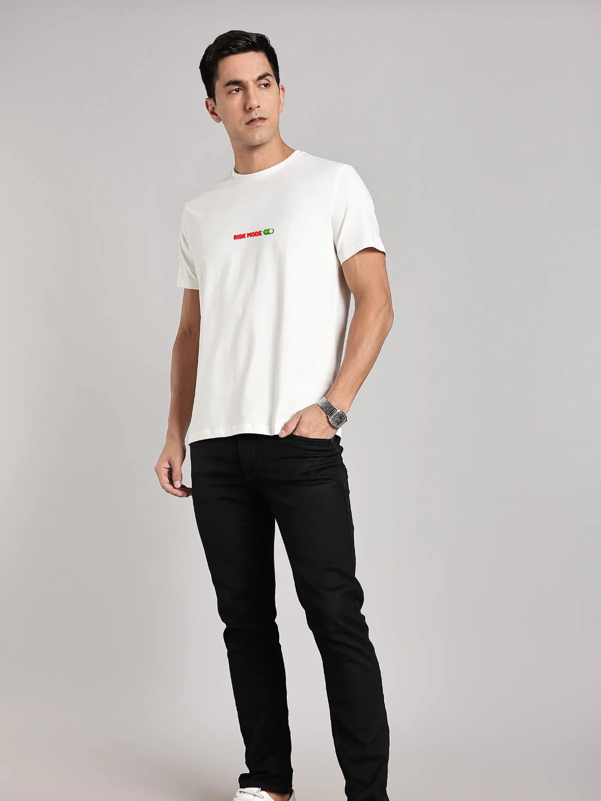Solid Men's Soft Premium 100% Cotton Crew T-Shirt Risk Mode Whiteboard White