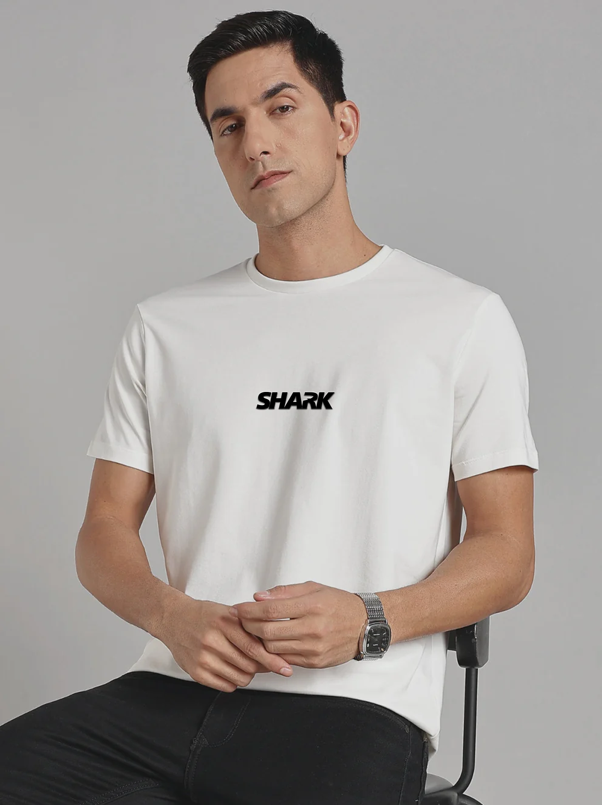 Solid Men's Soft Premium 100% Cotton Crew T-Shirt Huge Shark Whiteboard White