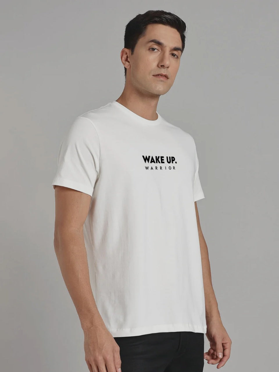 Solid Men's Premium Muscle Fit Cotton Crew T-shirt Wake Up Warrior Chalk White