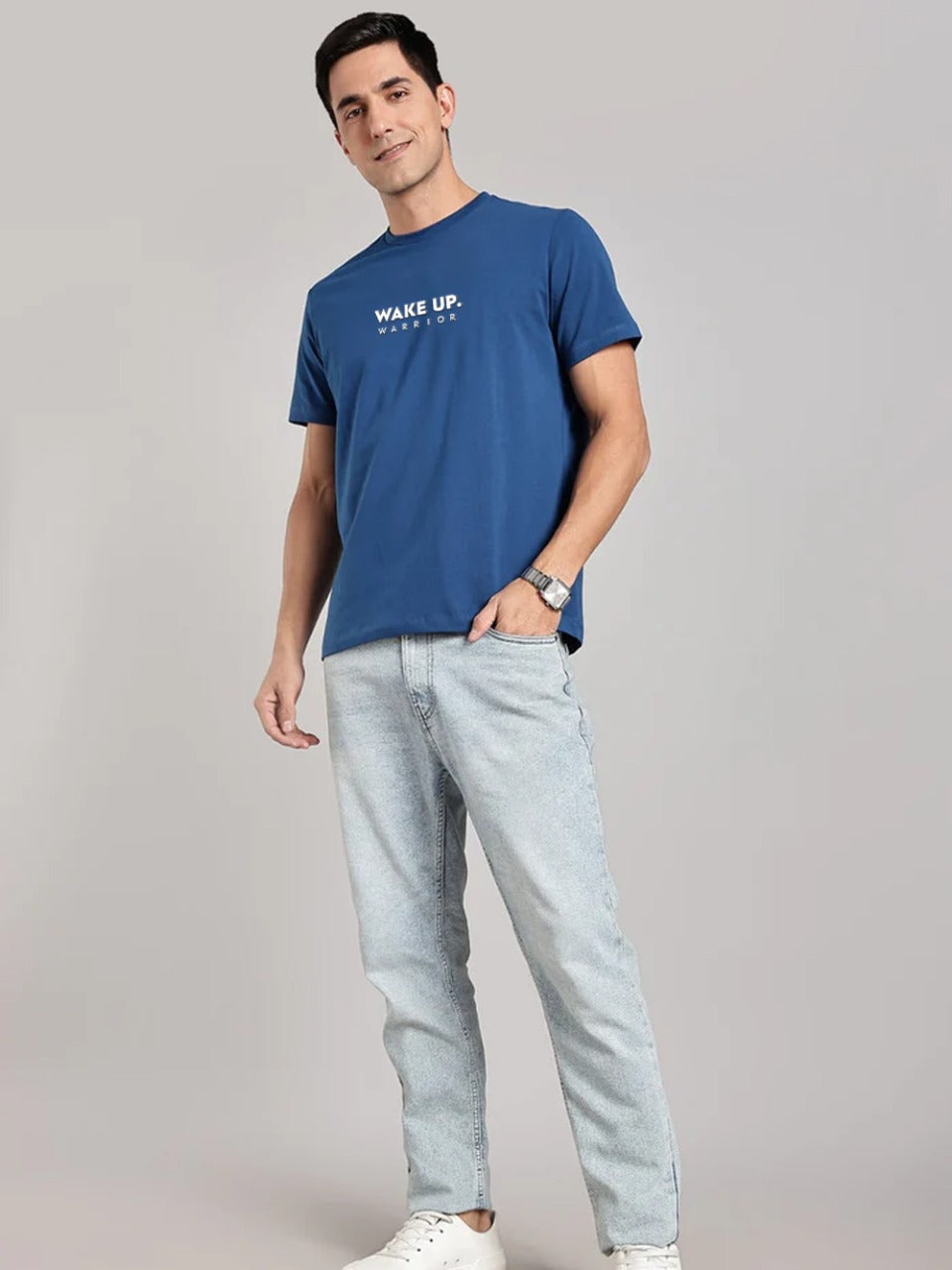Solid Men's Premium Muscle Fit Cotton Crew T-shirt Wake Up Warrior Airforce Blue