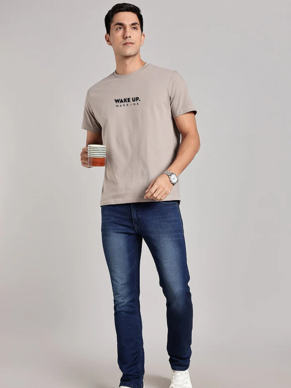 Solid Men's Premium Muscle Fit Cotton Crew T-shirt Wake Up Warrior Atomic Aluminium