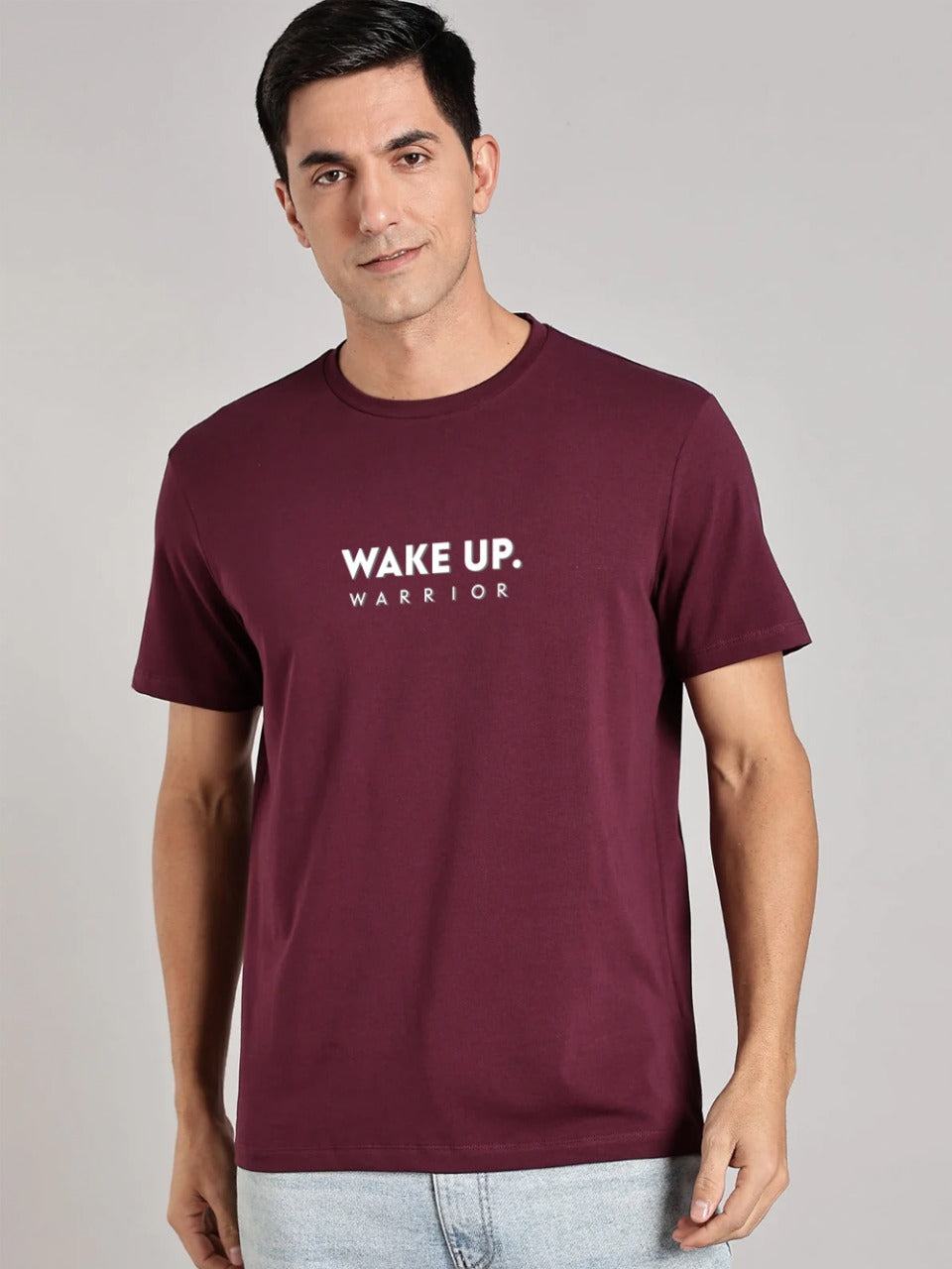 Solid Men's Premium Muscle Fit Cotton Crew T-shirt Wake Up Warrior Workday Wine