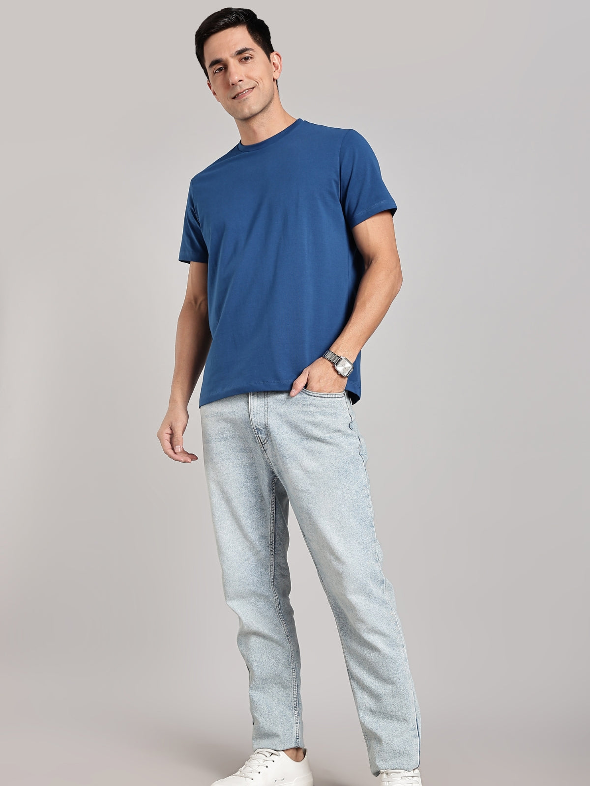 Solid Men's Premium Muscle Fit Cotton Crew T-shirt Lines Limited Edition Airforce Blue