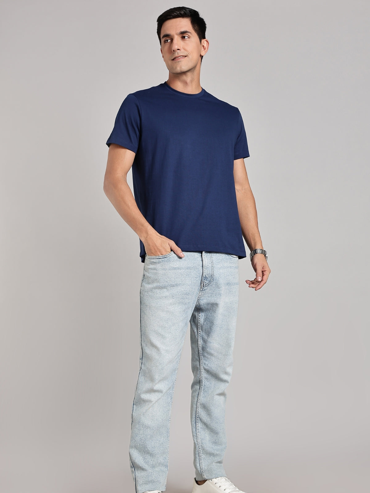 Solid Men's Soft Premium 100% Cotton Crew T-Shirt Door Blocks Novel Navy
