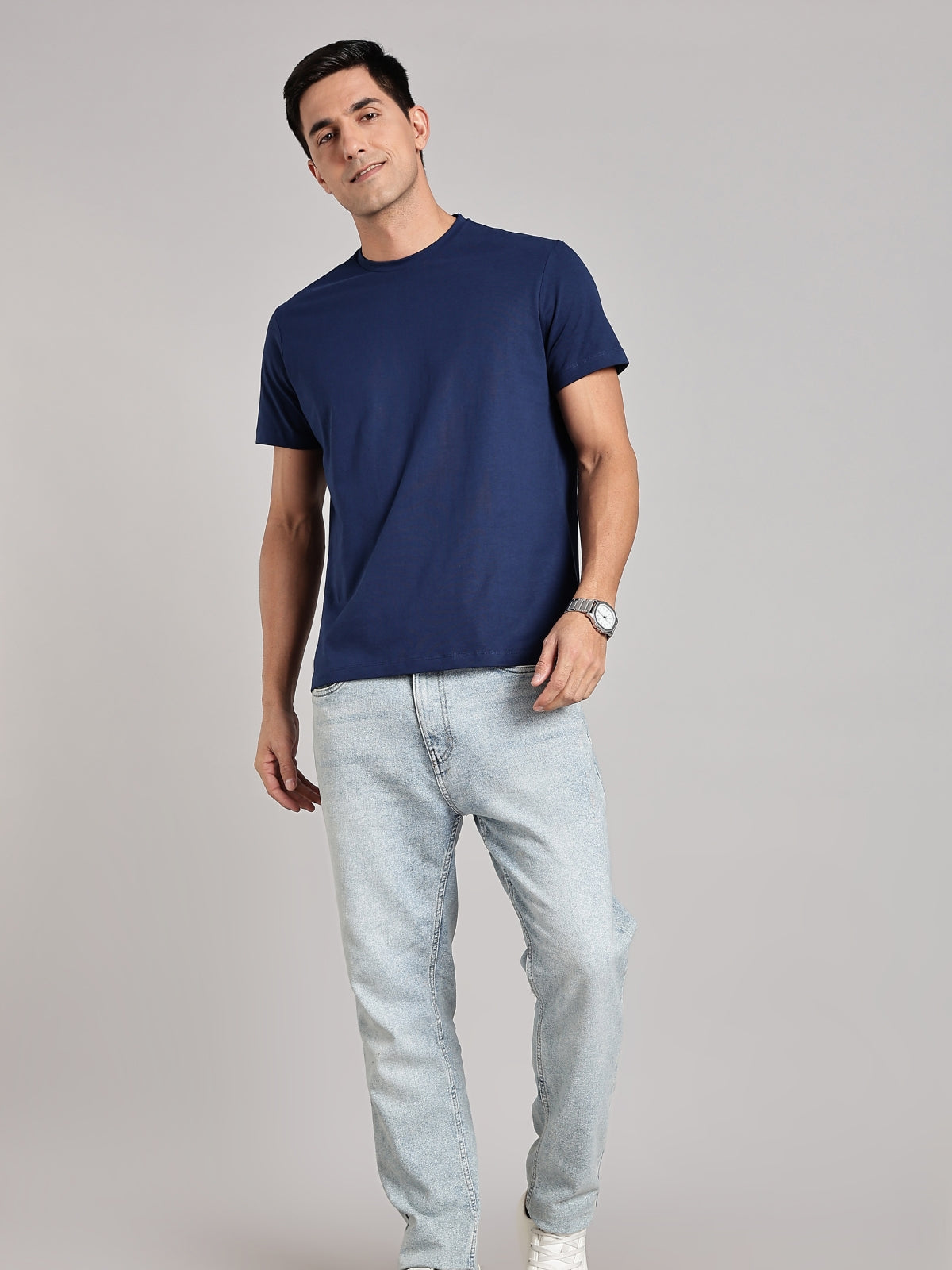 Solid Men's Soft Premium 100% Cotton Crew T-Shirt Door Blocks Novel Navy