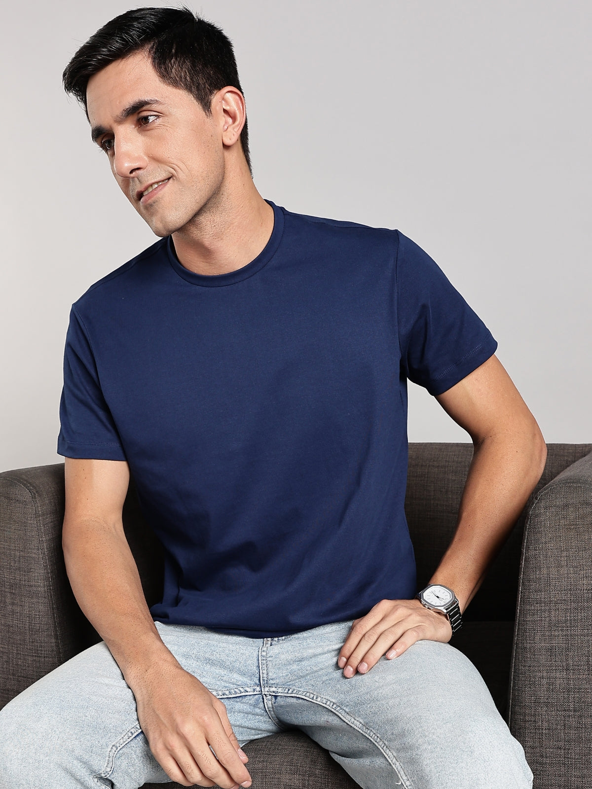 Solid Men's Soft Premium 100% Cotton Crew T-Shirt Mind Matter Novel Navy