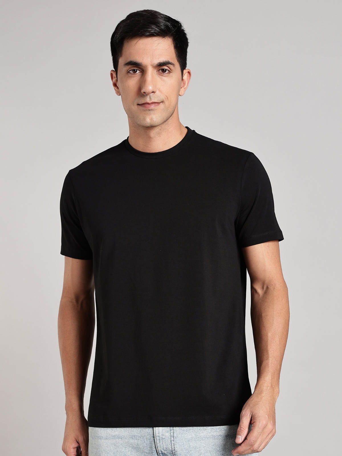 Solid Men's Soft Premium 100% Cotton Crew T-Shirt White Print on Brave Black