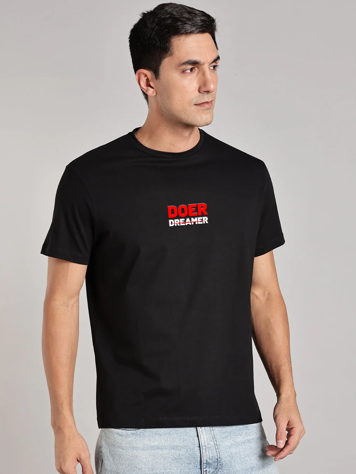 Solid Men's Soft Premium 100% Cotton Crew T-Shirt Doer Dreamer Brave Black