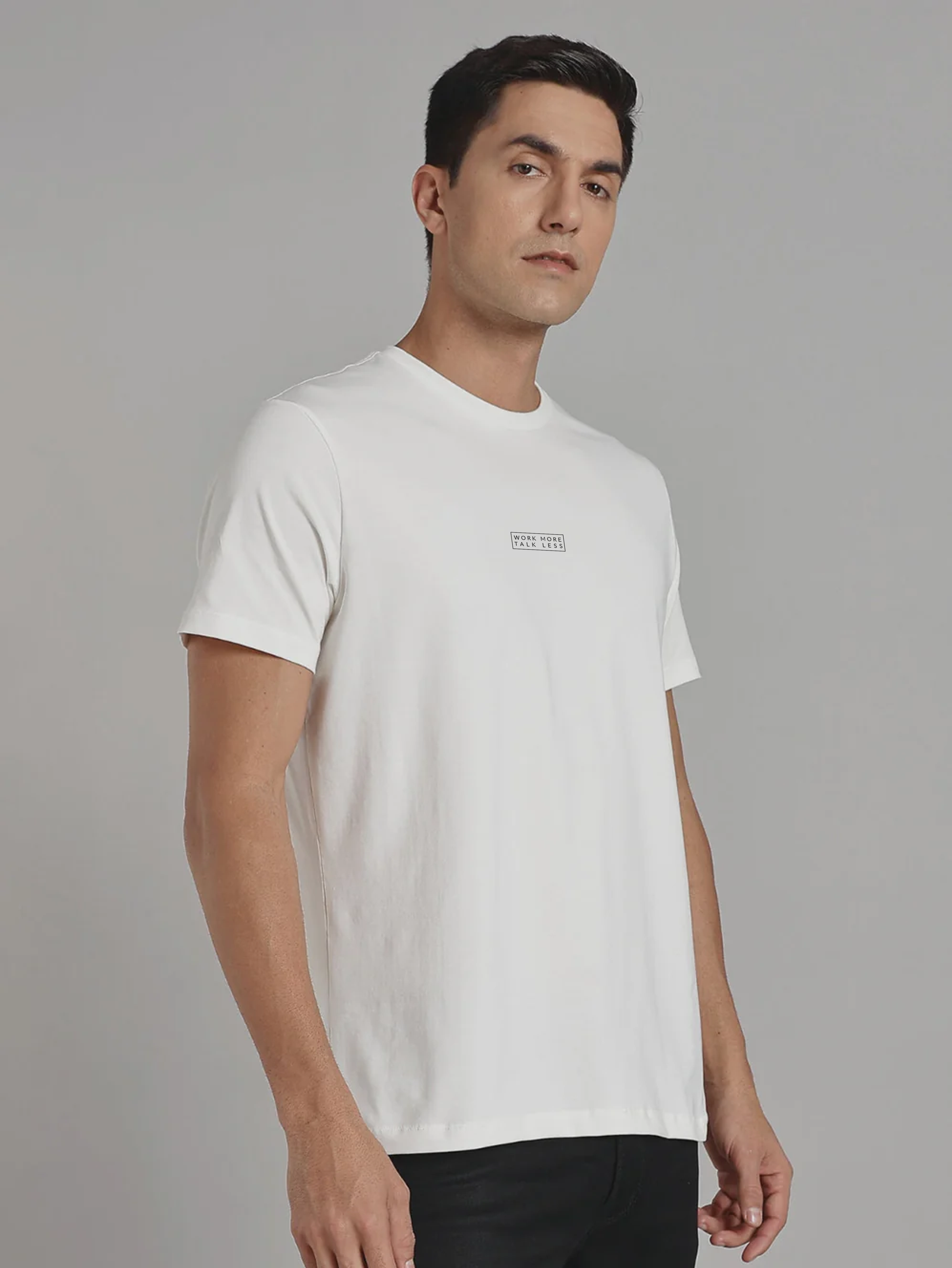 Solid Men's Premium Muscle Fit Cotton Crew T-shirt Work More Talk Less Chalk White