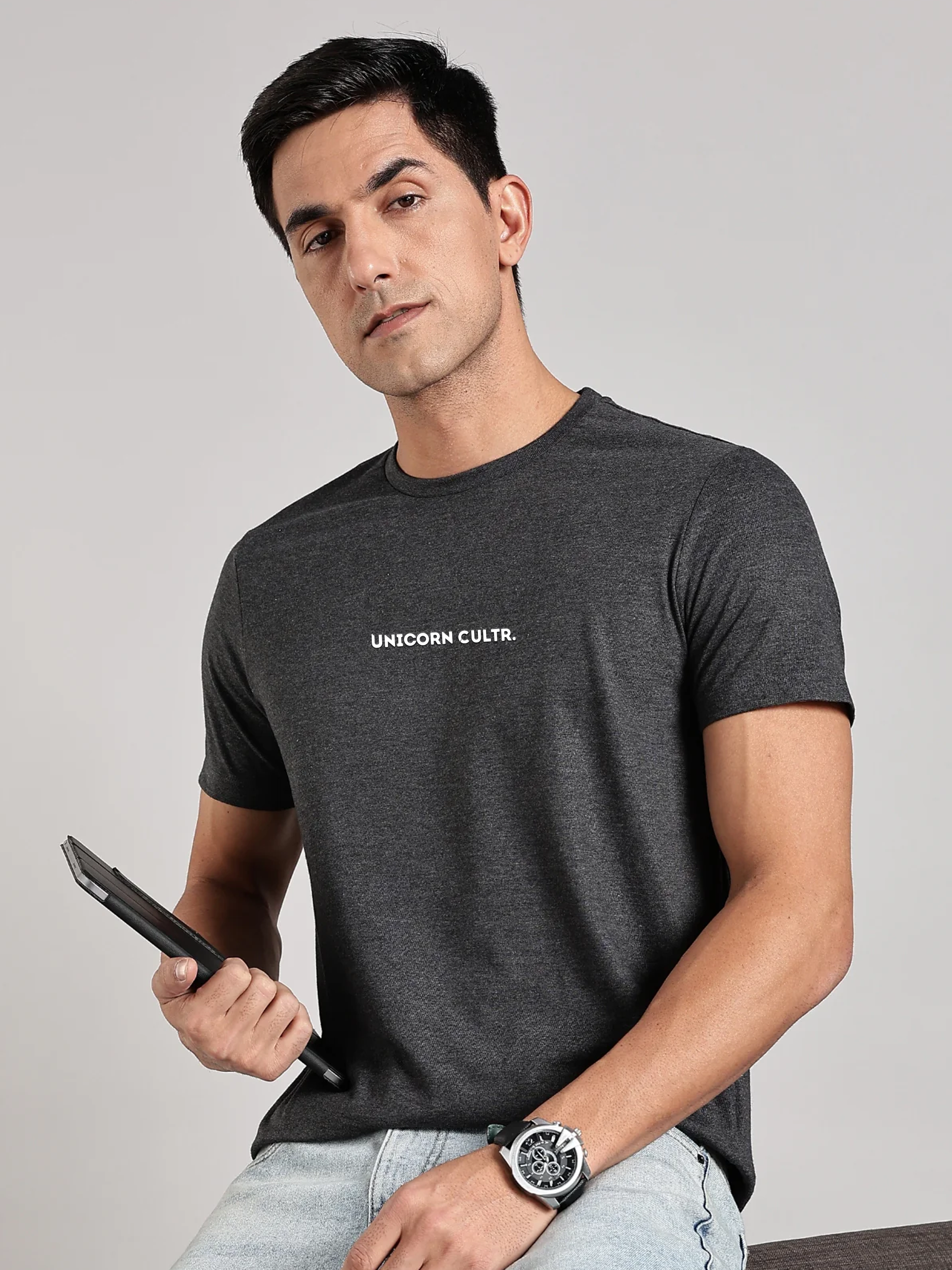 White UC Signature Men's Soft Premium 100% Cotton Crew T-Shirt Greasy Grey