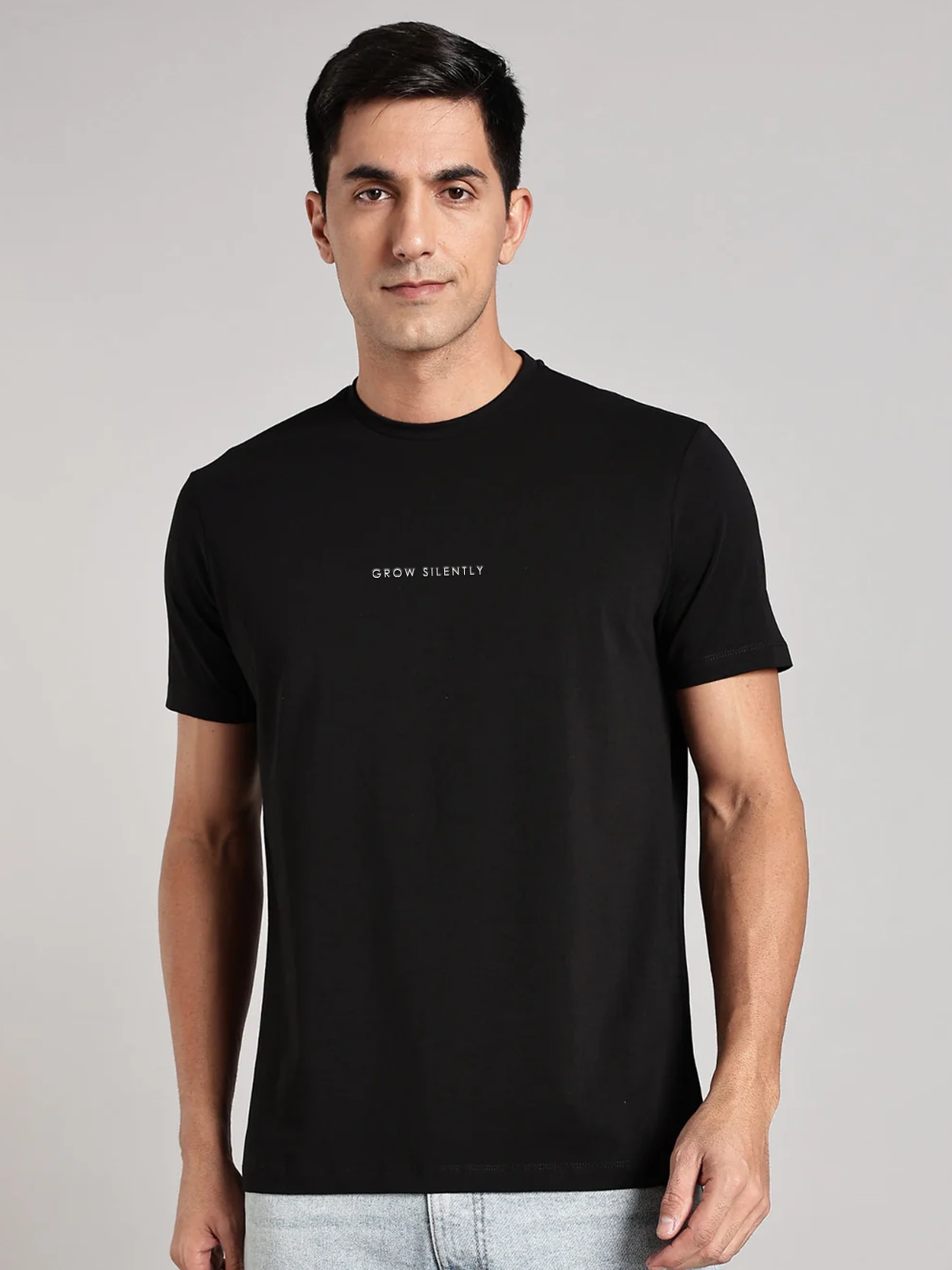 Solid Men's Premium Muscle Fit Cotton Crew T-Shirt Grow Silently Brave Black