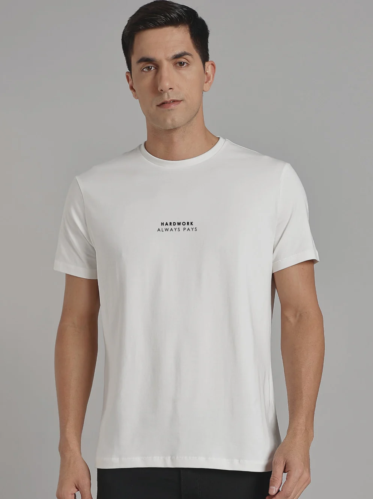 Solid Men's Premium Muscle Fit Cotton Crew T-shirt Hardwork Always Pays Chalk White