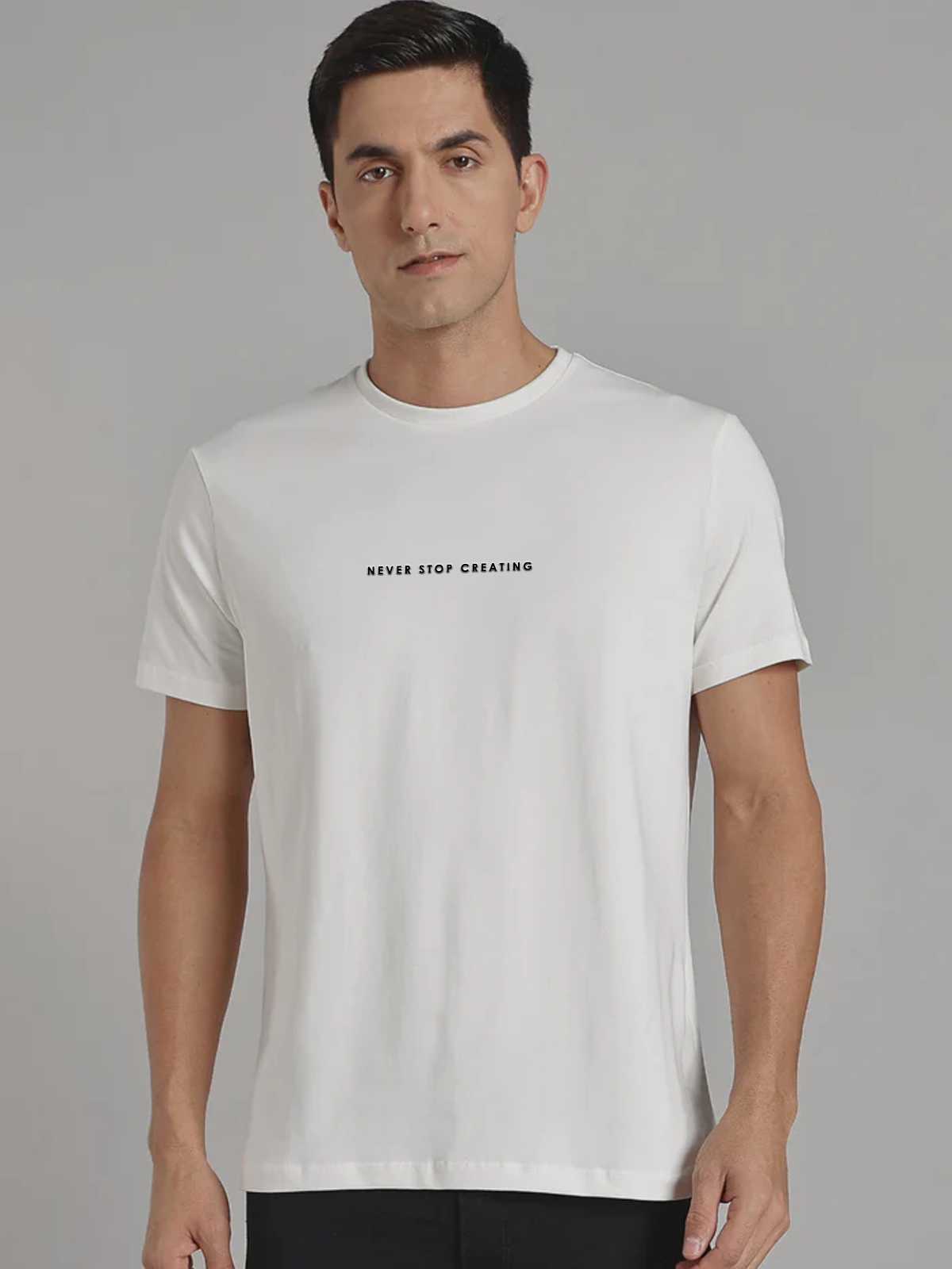 Solid Men's Premium Muscle Fit Cotton Crew T-Shirt Never Stop Creating Chalk White