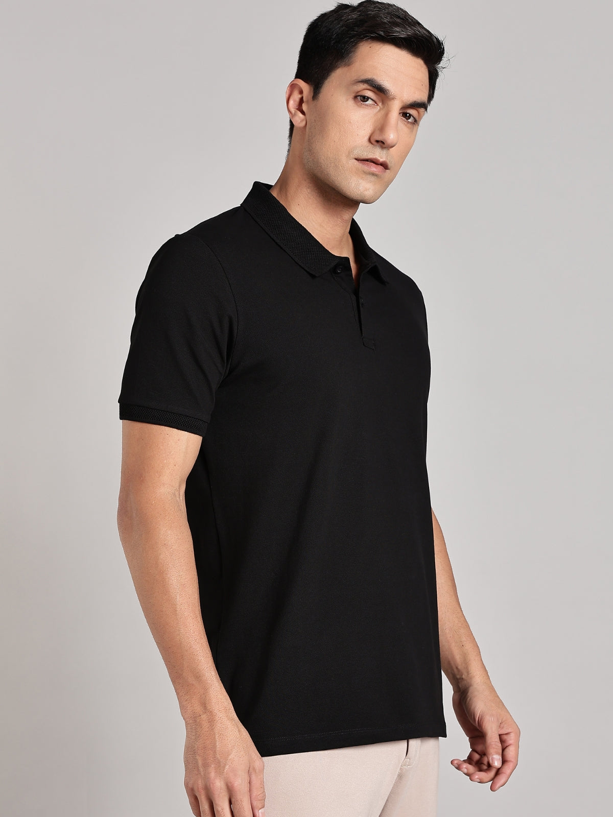 Solid Men's Premium Muscle Fit Cotton Polo T-shirt Black Print on Bold Black