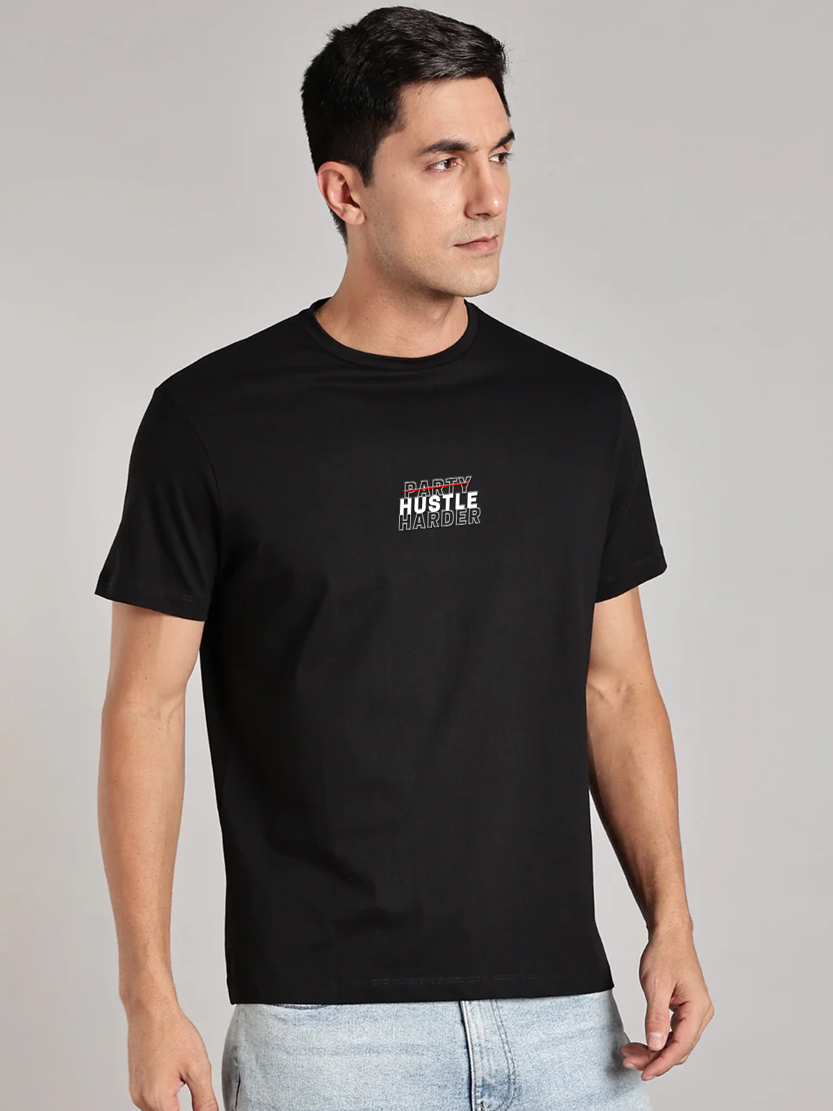 Solid Men's Soft Premium 100% Cotton Crew T-Shirt Party Hustle Harder Brave Black