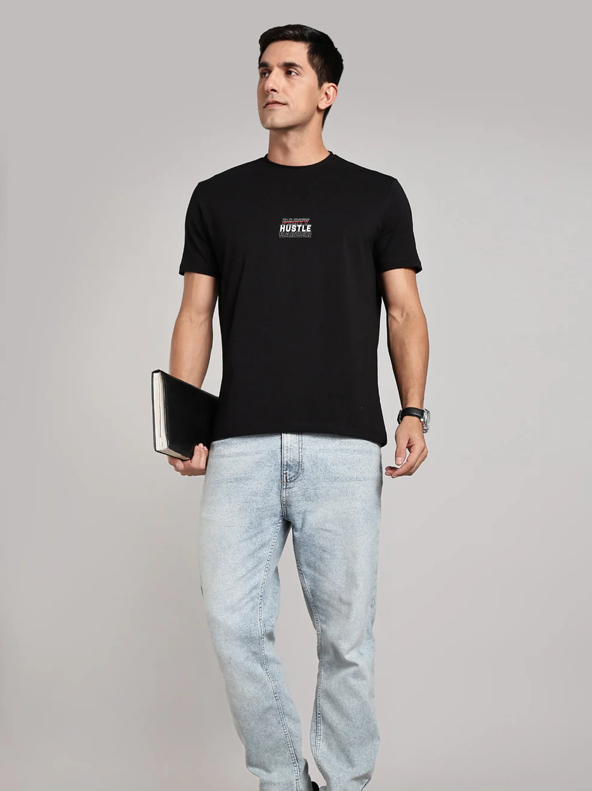 Solid Men's Soft Premium 100% Cotton Crew T-Shirt Party Hustle Harder Brave Black