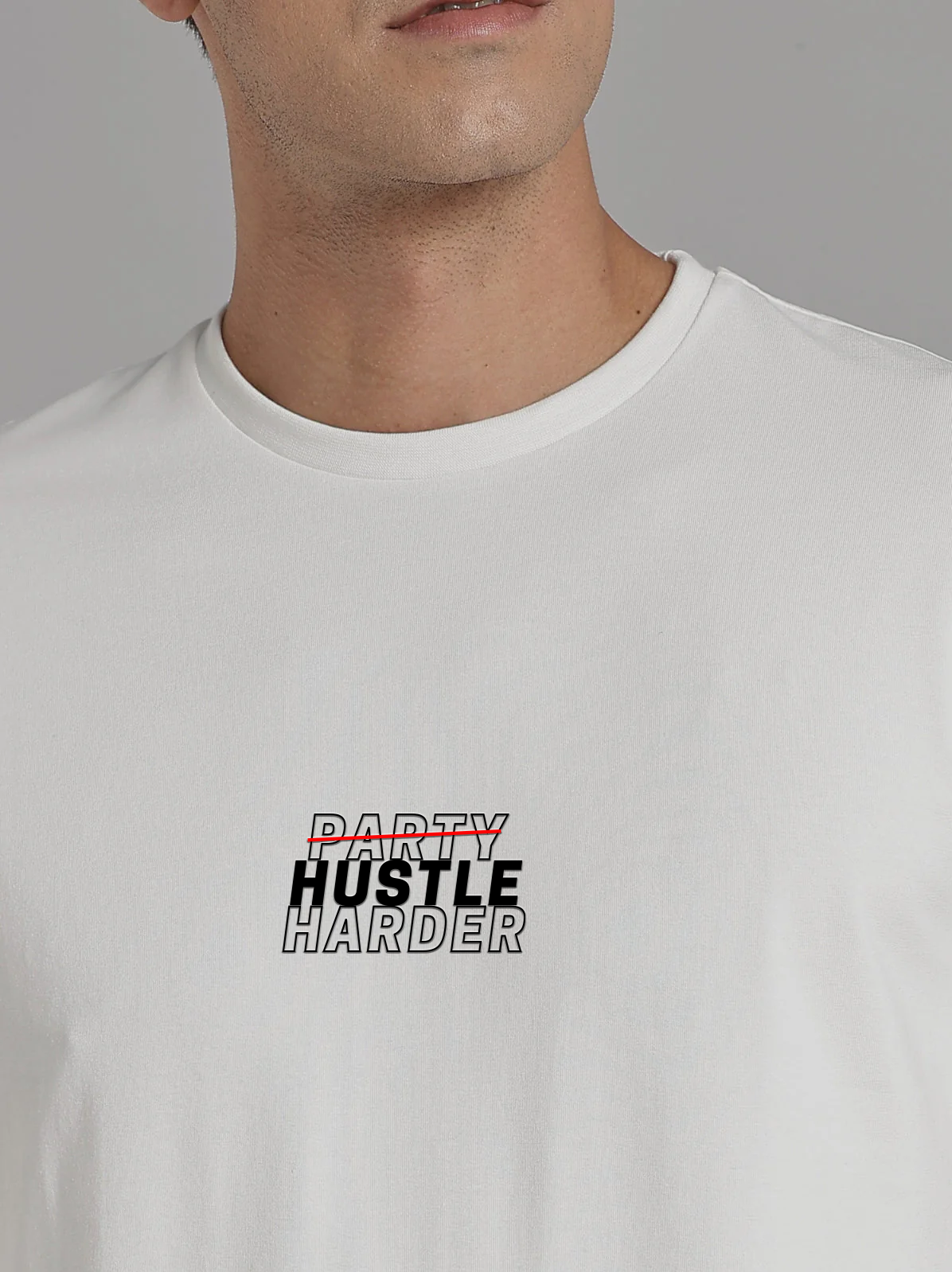 Solid Men's Soft Premium 100% Cotton Crew T-Shirt Party Hustle Harder Whiteboard White