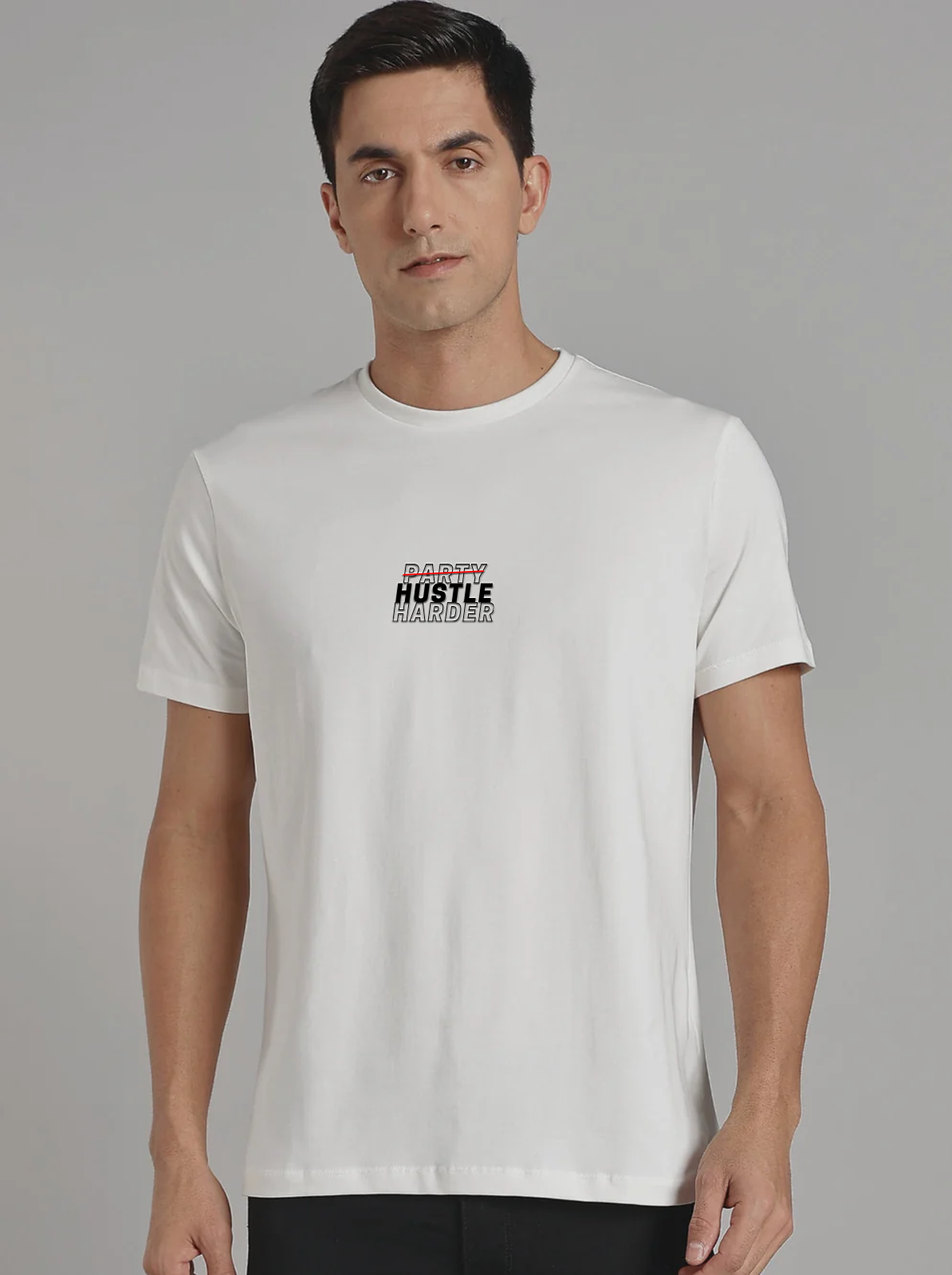Solid Men's Soft Premium 100% Cotton Crew T-Shirt Party Hustle Harder Whiteboard White