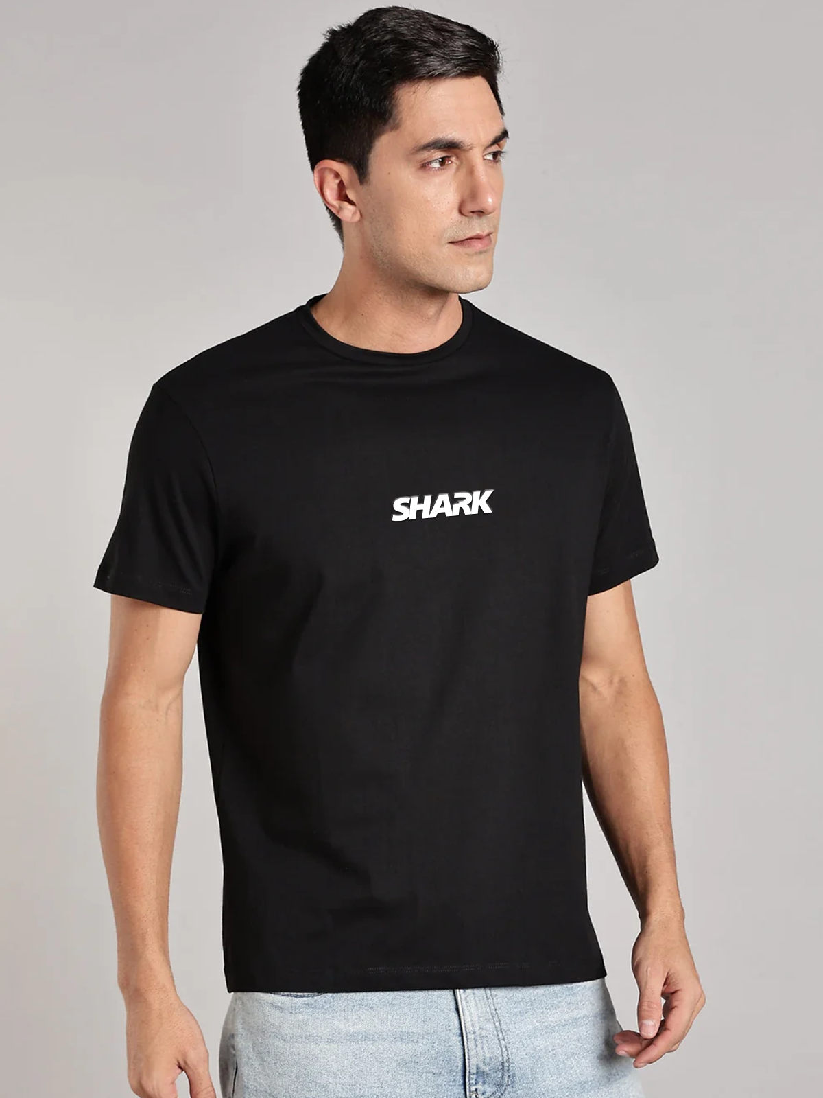 Solid Men's Soft Premium 100% Cotton Crew T-Shirt Huge Shark Brave Black